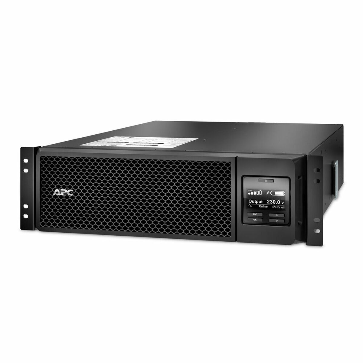 Un dispositivo UPS APC nero. Presenta un pannello frontale con display che mostra tensione e stato, e una ventilazione a maglie.