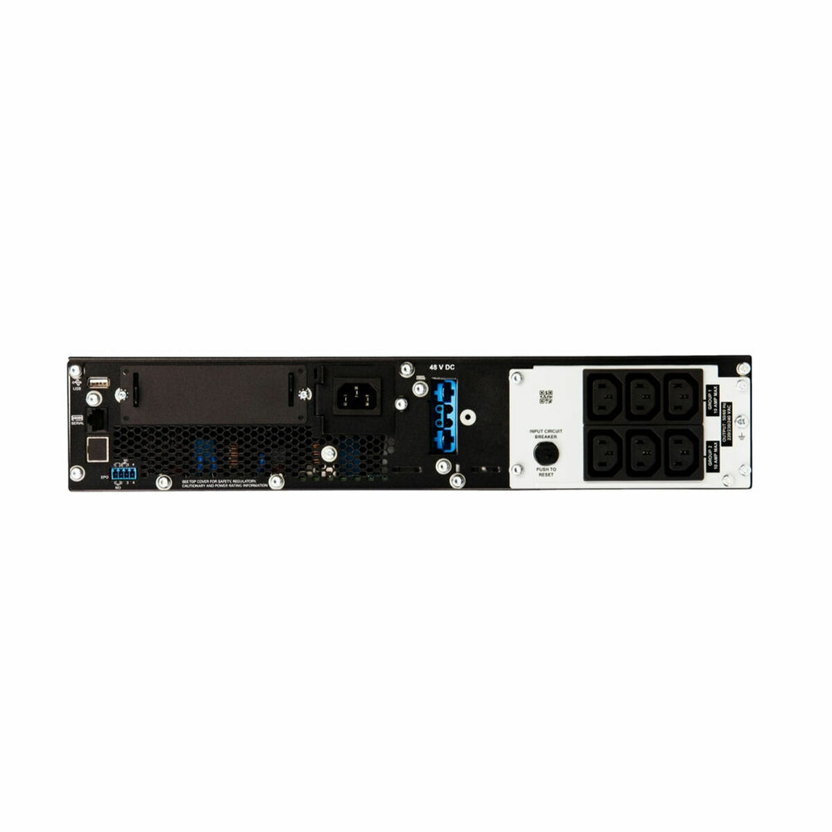 Pannello posteriore di un dispositivo elettronico nero, con varie porte, connettori ed etichette, su sfondo bianco.