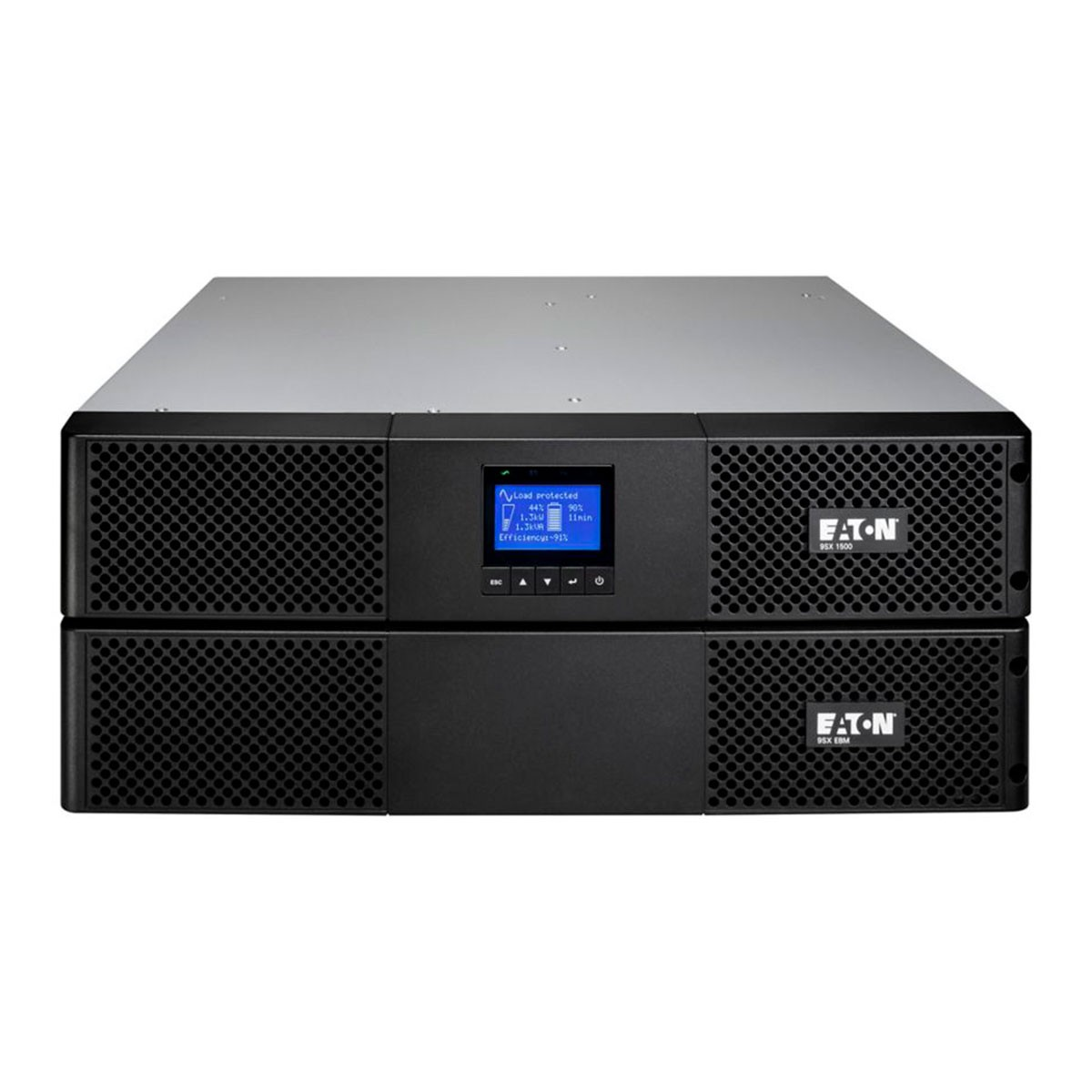 Un dispositivo UPS Eaton nero. Ha uno schermo che mostra il carico e l'efficienza. Il dispositivo ha una sezione superiore e inferiore.