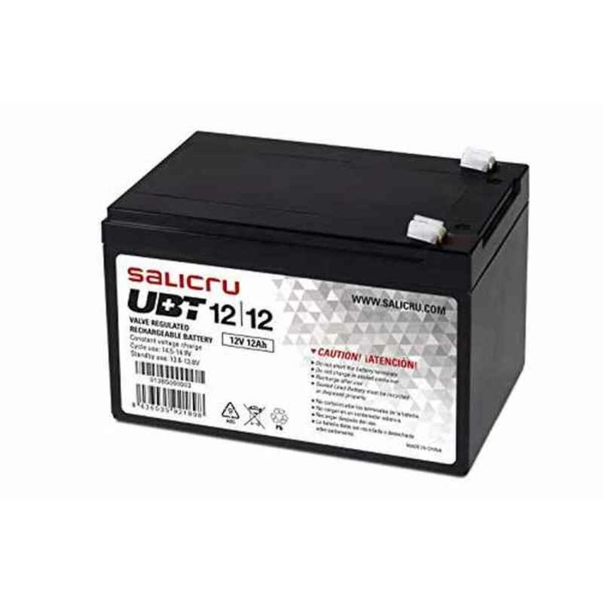 Una batteria ricaricabile nera Salicru UBT 12 12, 12V 12Ah. La batteria ha un'etichetta con avvertenze e specifiche.