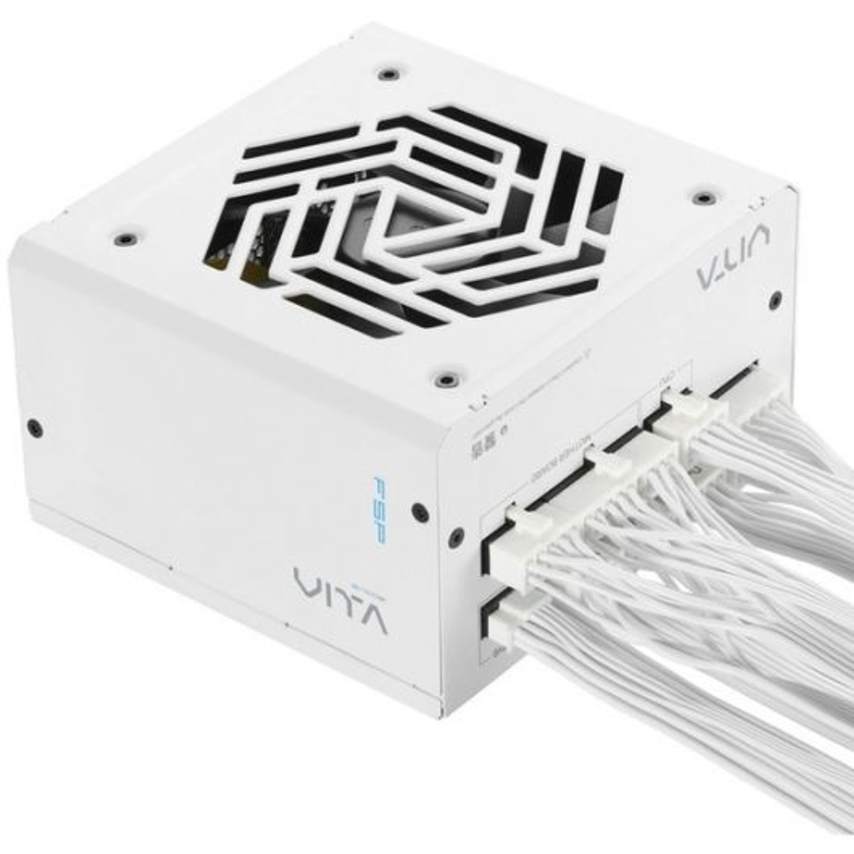 White computer power supply unit with cables. It has a fan grille on top and multiple cable connectors on the side.