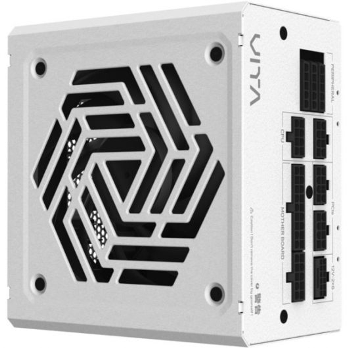 White computer power supply unit with a fan grill and various connector ports labeled. The brand name "VITA" is visible.