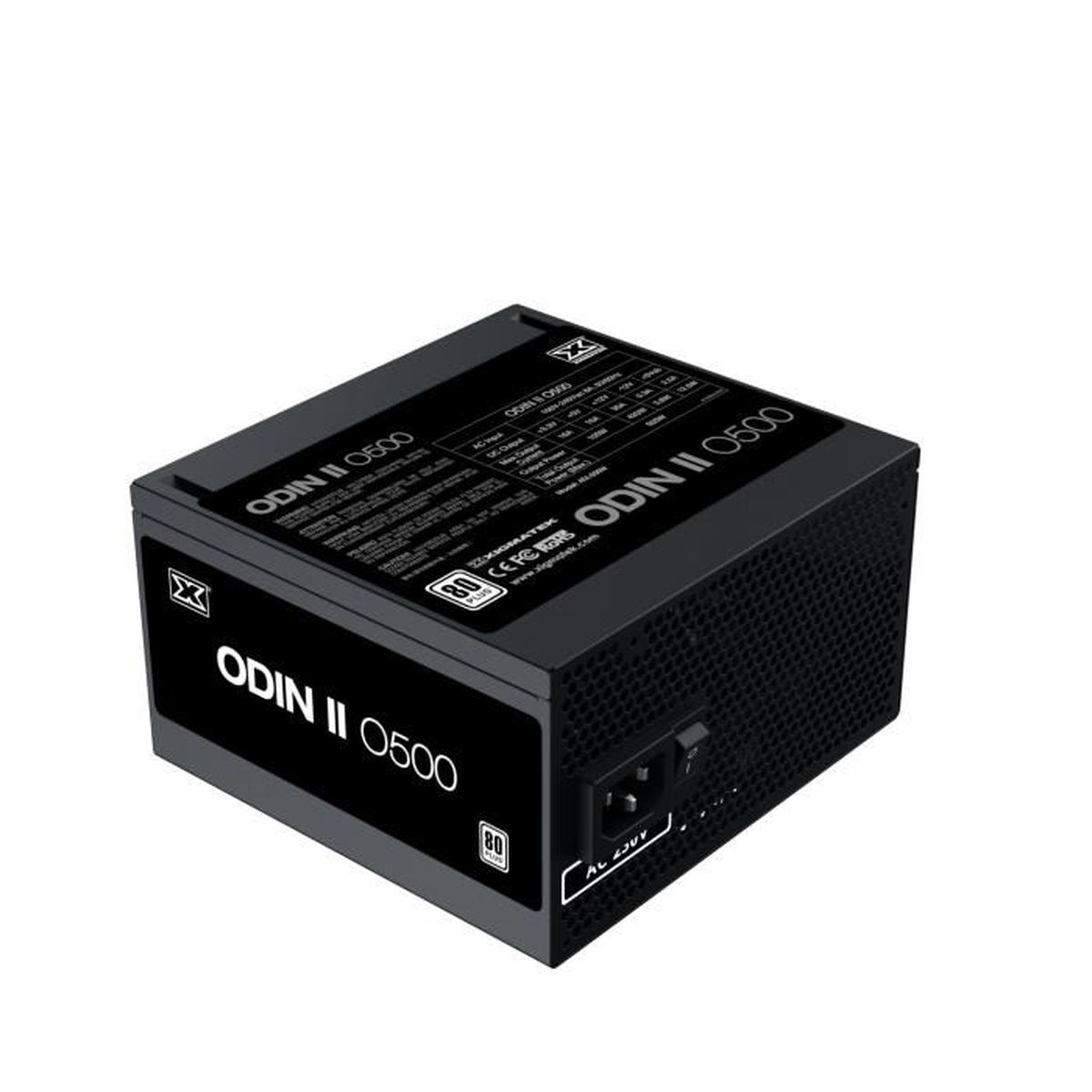 Ein schwarzes Computer-Netzteil mit der Bezeichnung ODIN II 0500, mit Netzanschluss und verschiedenen Etiketten, isoliert auf weißem Hintergrund.