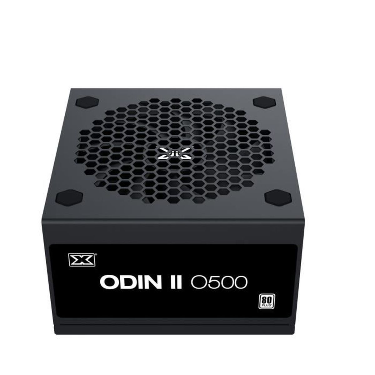Schwarzes Computer-Netzteil. Es hat ein Wabengitter, den Namen 'ODIN II O500' und das 80 Plus Logo.
