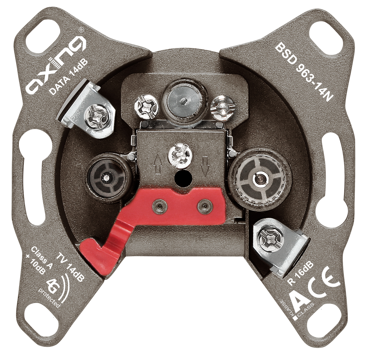 Un dispositivo di metallo grigio con leva rossa, viti e segni testuali. Ha un centro circolare ed estensioni angolari con fori.