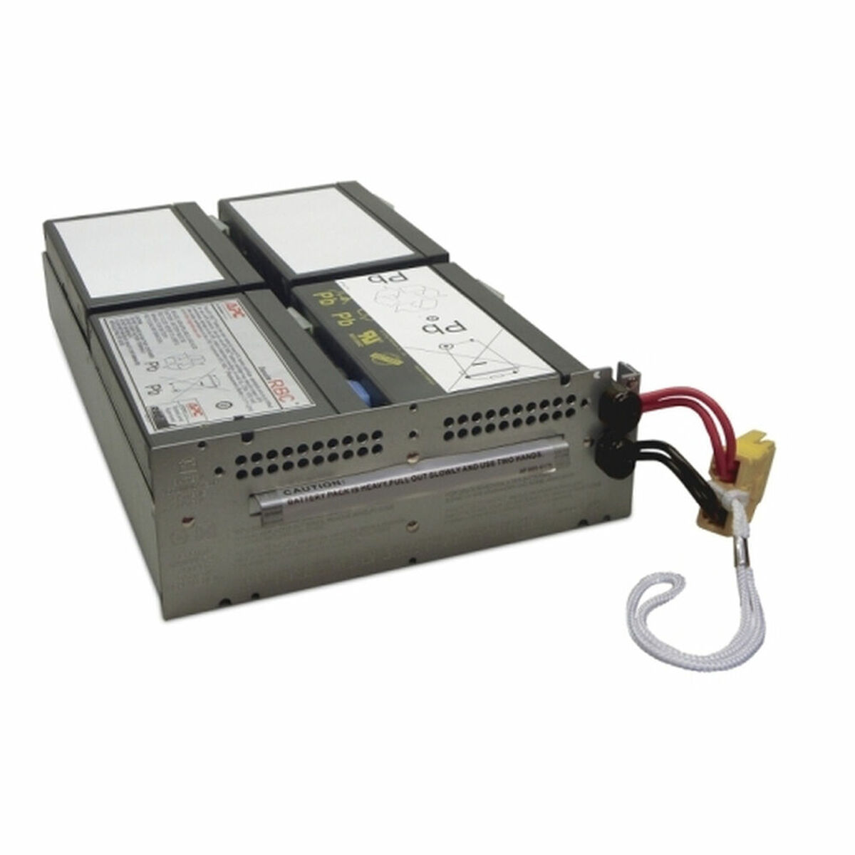 Un pacco batterie argentato con quattro celle rettangolari e un cavo bianco. Fili rossi e neri si collegano a un connettore giallo.