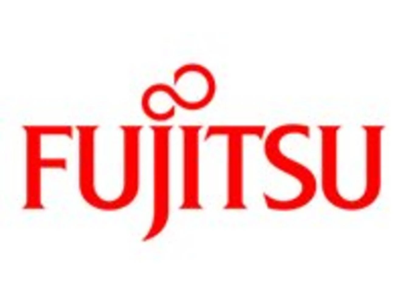 Logo Fujitsu rosso su sfondo bianco. Il logo include il nome dell'azienda e un simbolo infinito sopra la J.