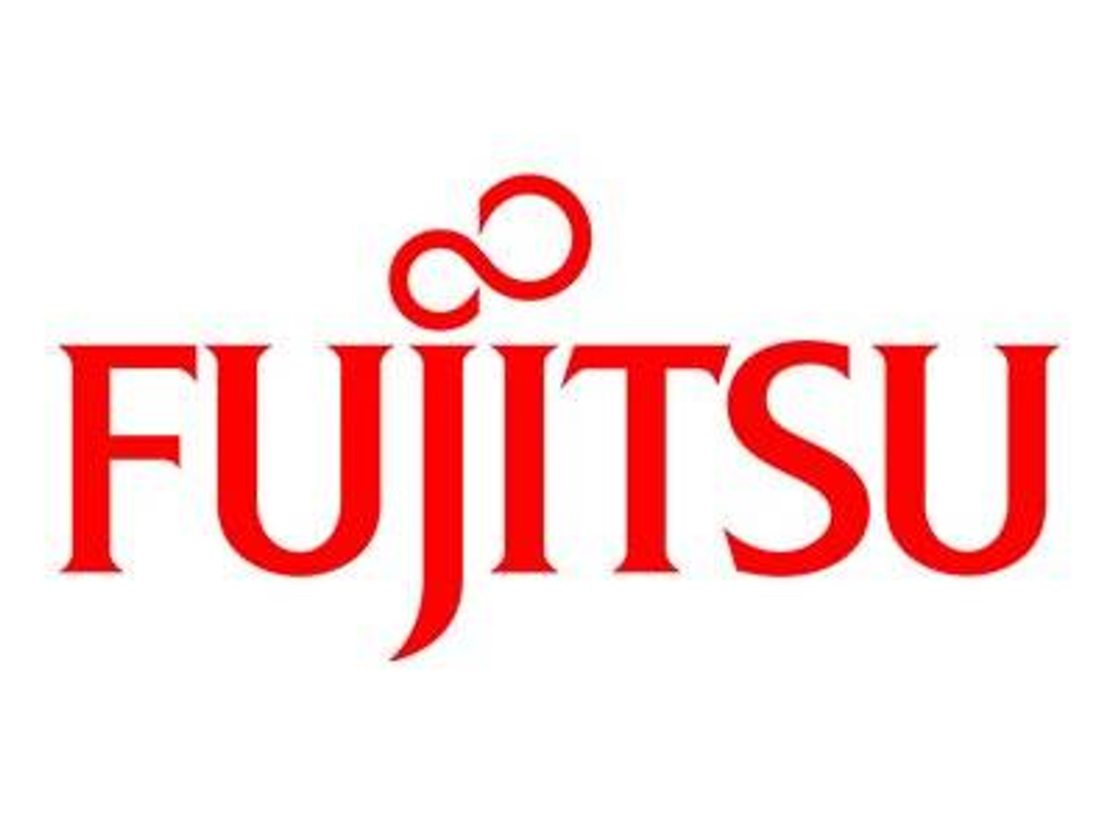 Il logo Fujitsu presenta testo rosso e un simbolo infinito rosso sopra. Lo sfondo è bianco.