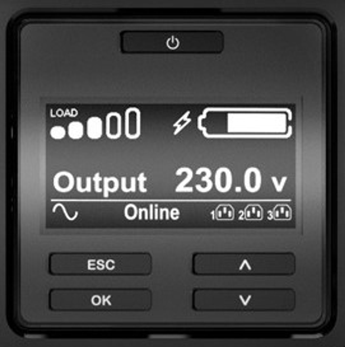 Il display nero del dispositivo mostra l'uscita di tensione di 230,0 V, lo stato del carico, lo stato online e il livello della batteria. Pulsanti: ESC, OK e frecce.
