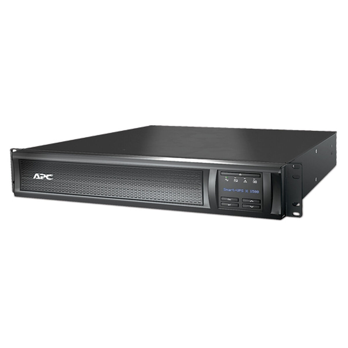 Un APC Smart-UPS X 1500 nero. Ha un display e il logo APC. Lo sfondo è bianco.