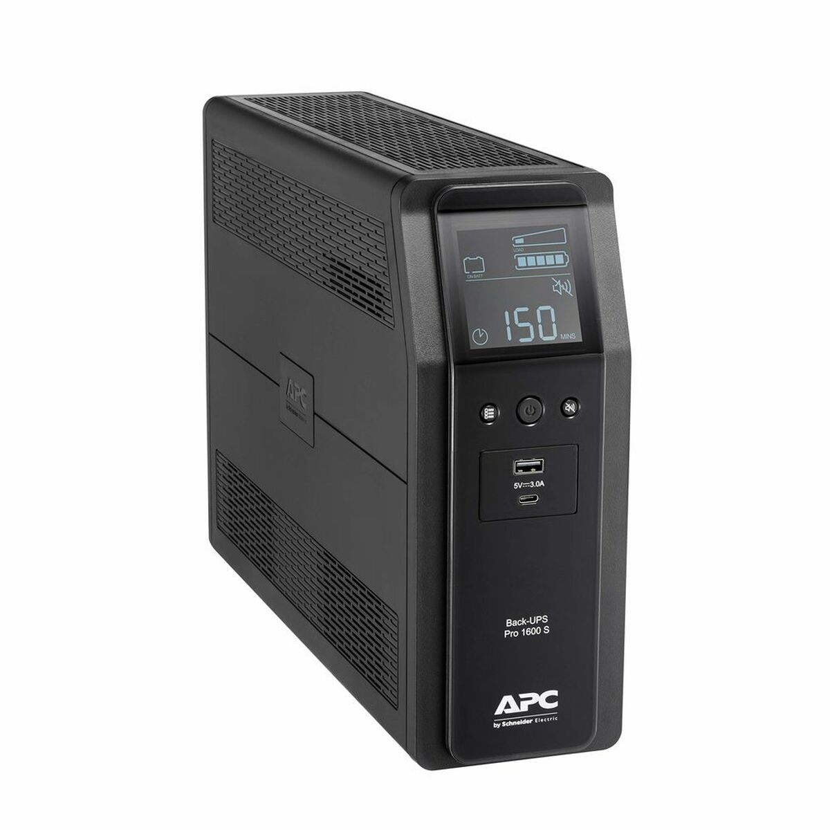 APC Back-UPS Pro 1600 S nero. Display con 150 min e icone. Logo APC in basso.