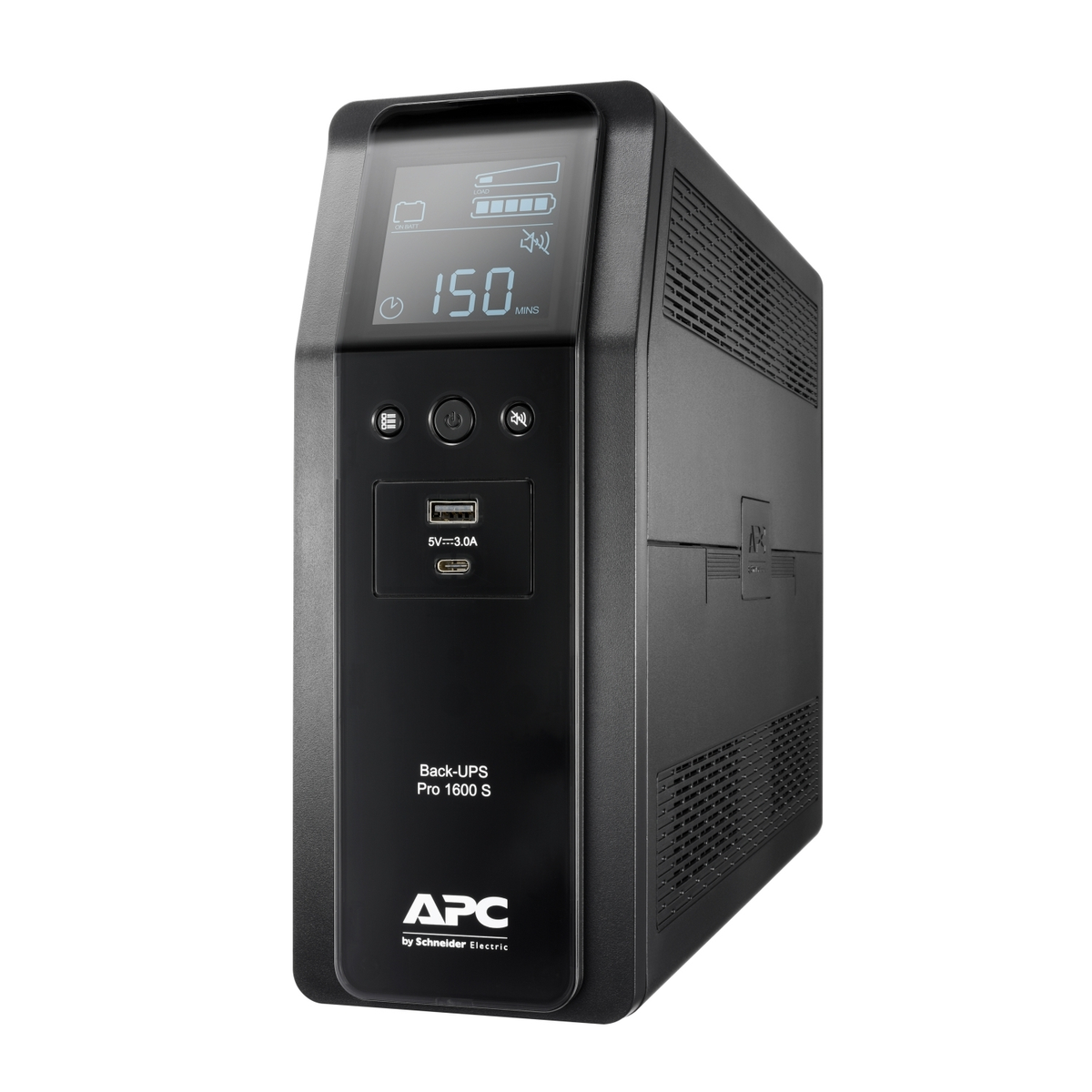 Un APC Back-UPS Pro 1600 S nero. Ha un display digitale che mostra lo stato della batteria e del carico, e porte USB. Il marchio è visibile.