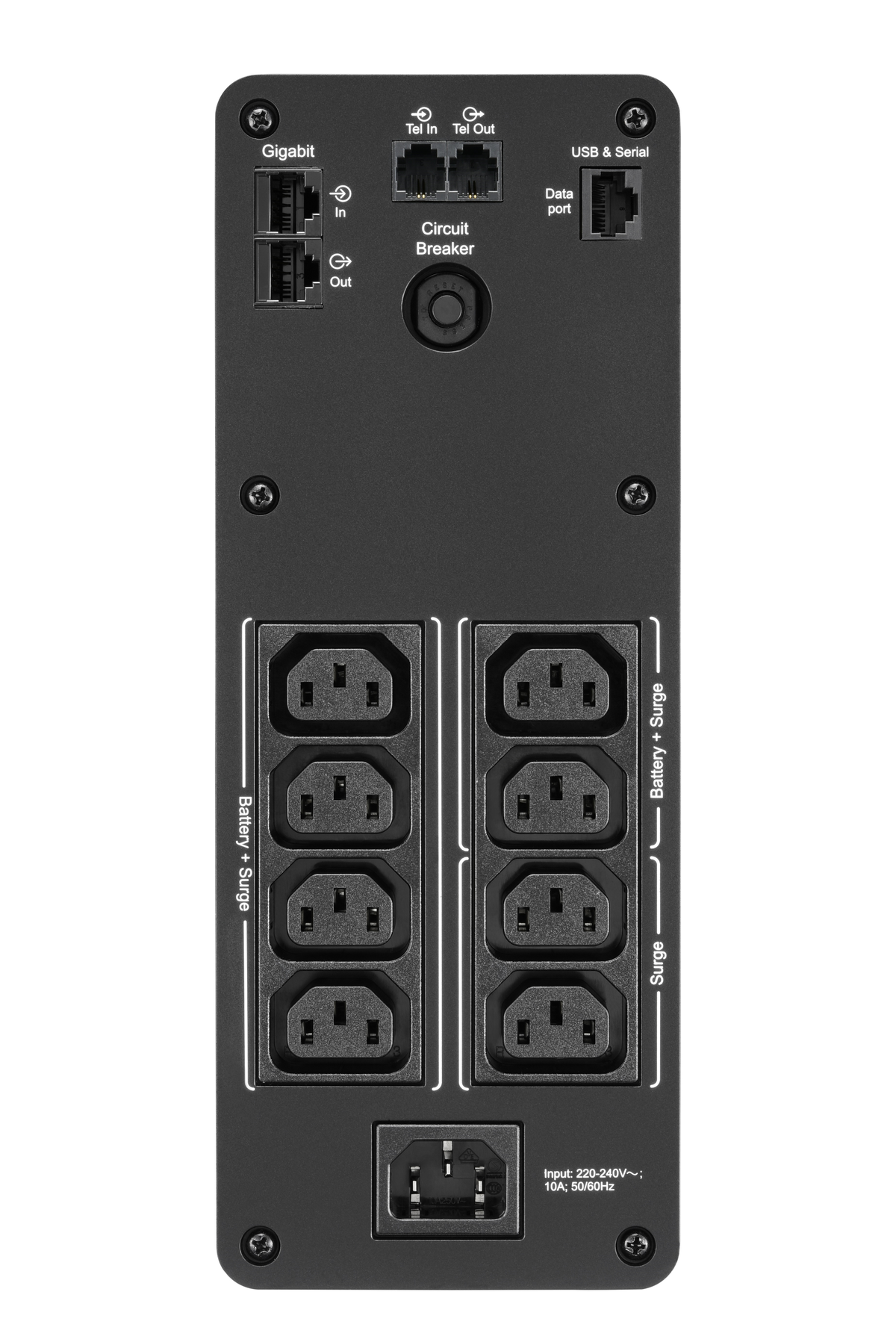 Alimentatore UPS nero con prese multiple, porte ed etichette per Gigabit, USB, interruttore automatico, sovratensione e batteria.