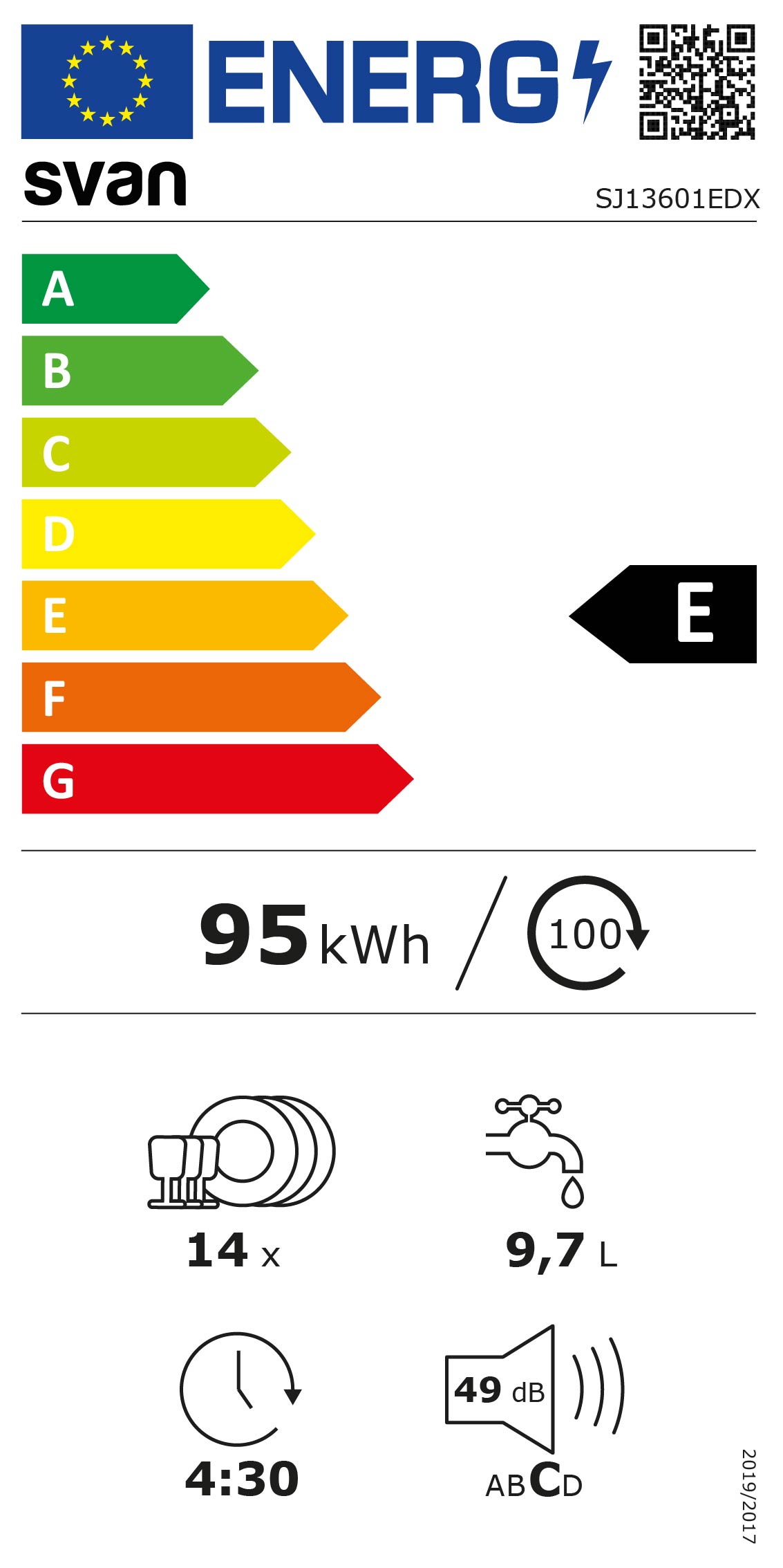 Etiqueta energética para lavavajillas con clasificaciones de la A a la G. Muestra el consumo energético, el uso de agua, el nivel de ruido y la duración del programa.