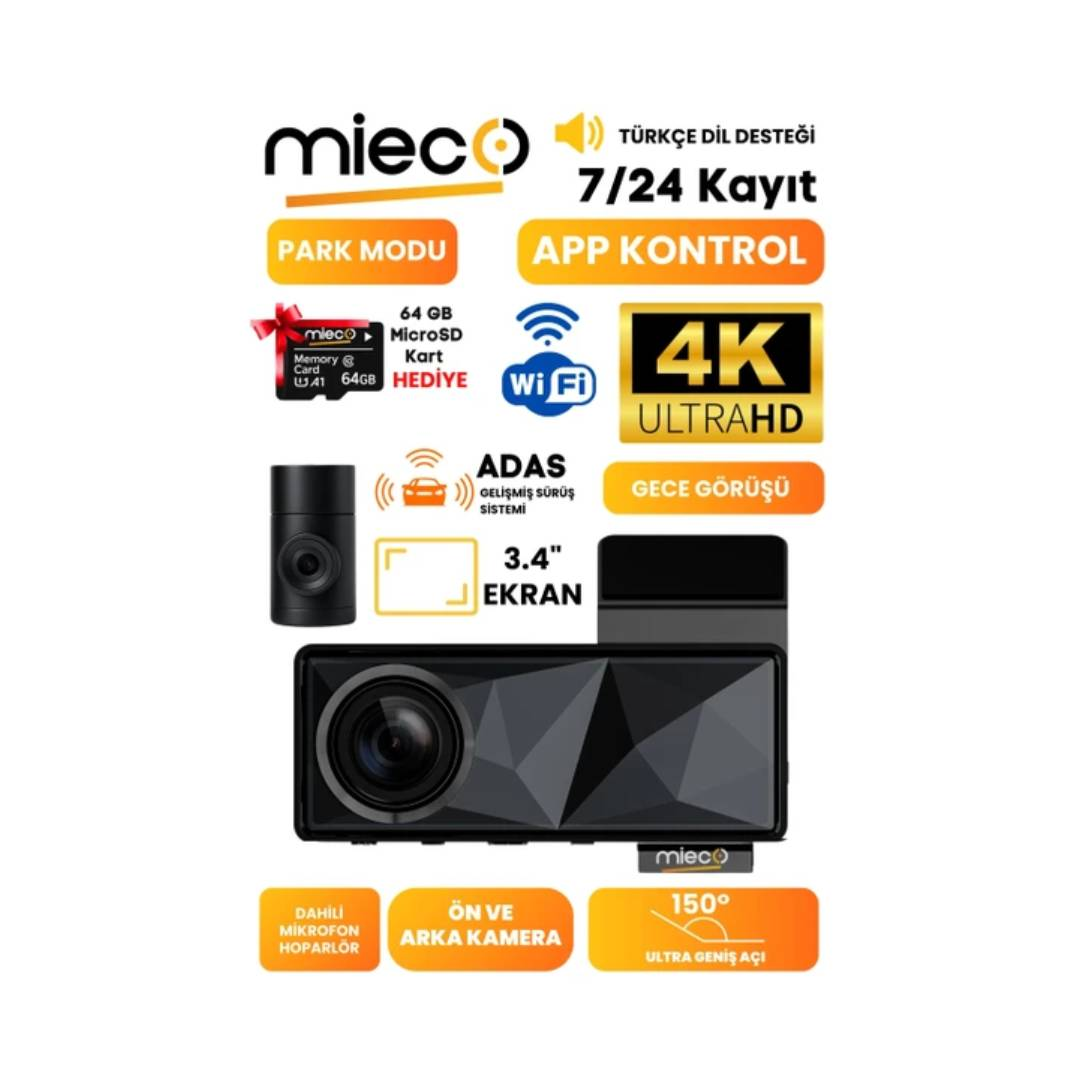 MIECO A11 Wifi 4K UHD 150° Ultra Geniş Açı GPS ADAS Hafıza Kartı Hediyeli Ön+Arka Araç Kamerası
