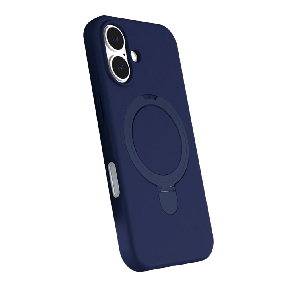 Halkalı tutucuya sahip koyu mavi bir telefon kılıfı. Kılıfın kamera açıklıkları ve metal bir düğmesi var. Arka plan beyaz.