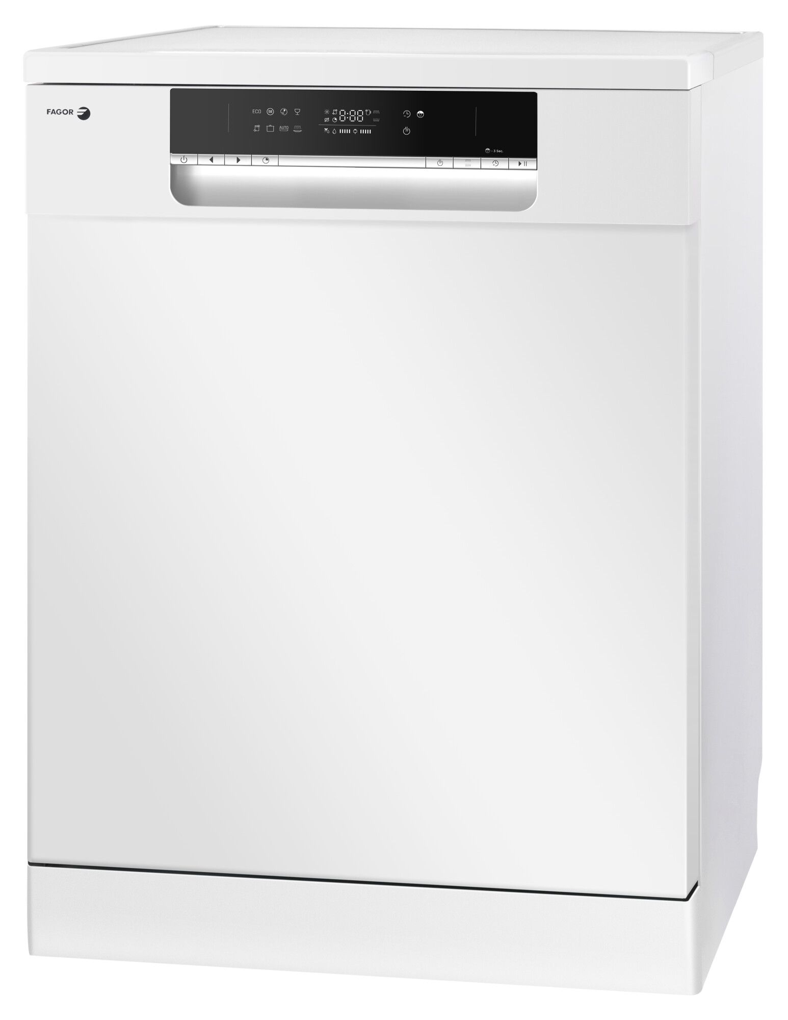 Un lavavajillas Fagor blanco. Tiene un panel de control con una pantalla digital y varios botones. La puerta es lisa.