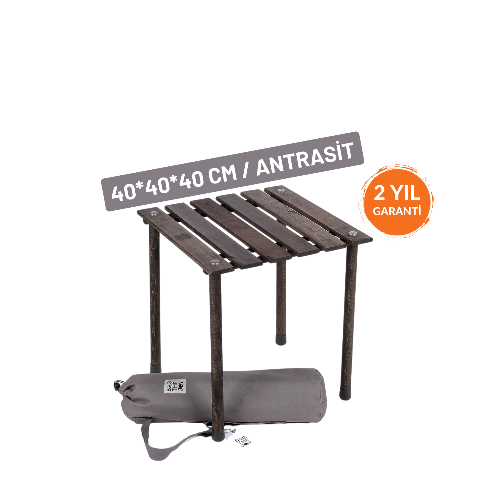 Gri taşıma çantalı ahşap katlanır masa. Masa kahverengi, boyutlar belirtilmiş ve 2 yıl garantilidir.