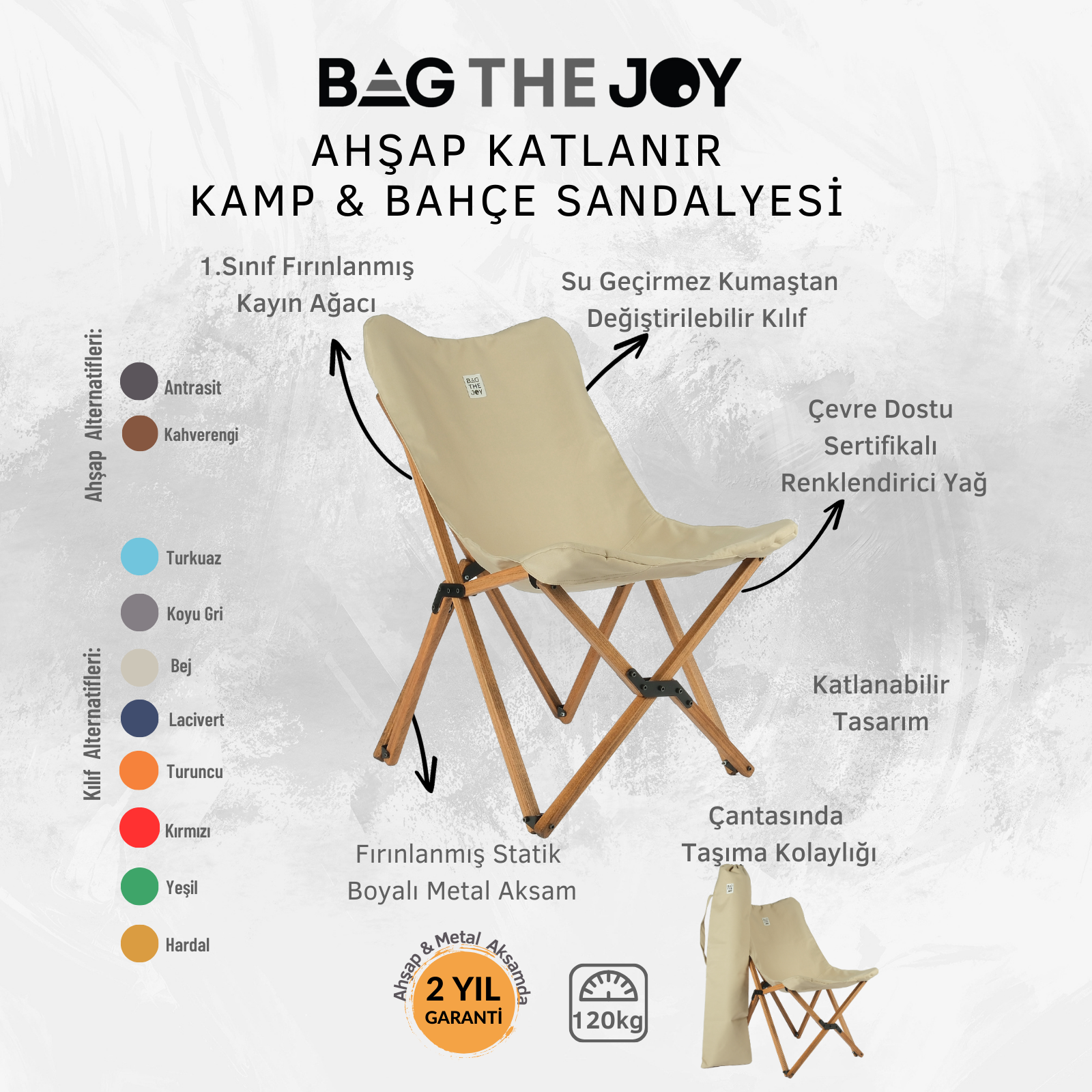 Ahşap çerçeveli ve bej kumaşlı katlanır kamp sandalyesi. Su geçirmez kumaş ve çevre dostu yağ içerir.