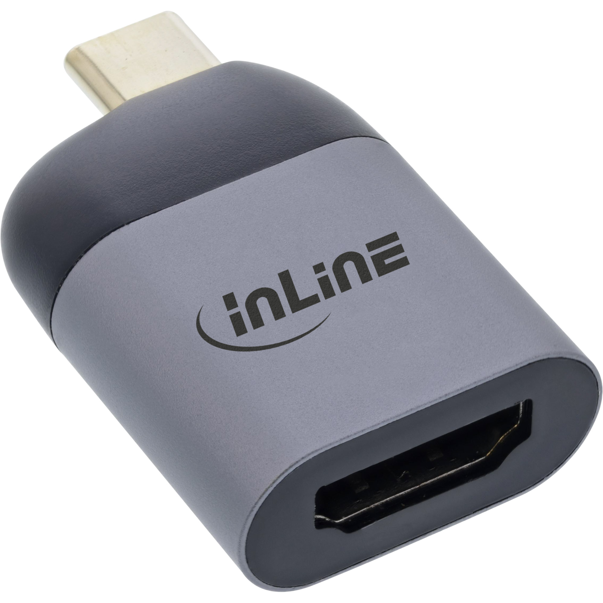 Adattatore HDMI grigio e nero con connettore USB-C. L'adattatore ha il logo 'inLine'.