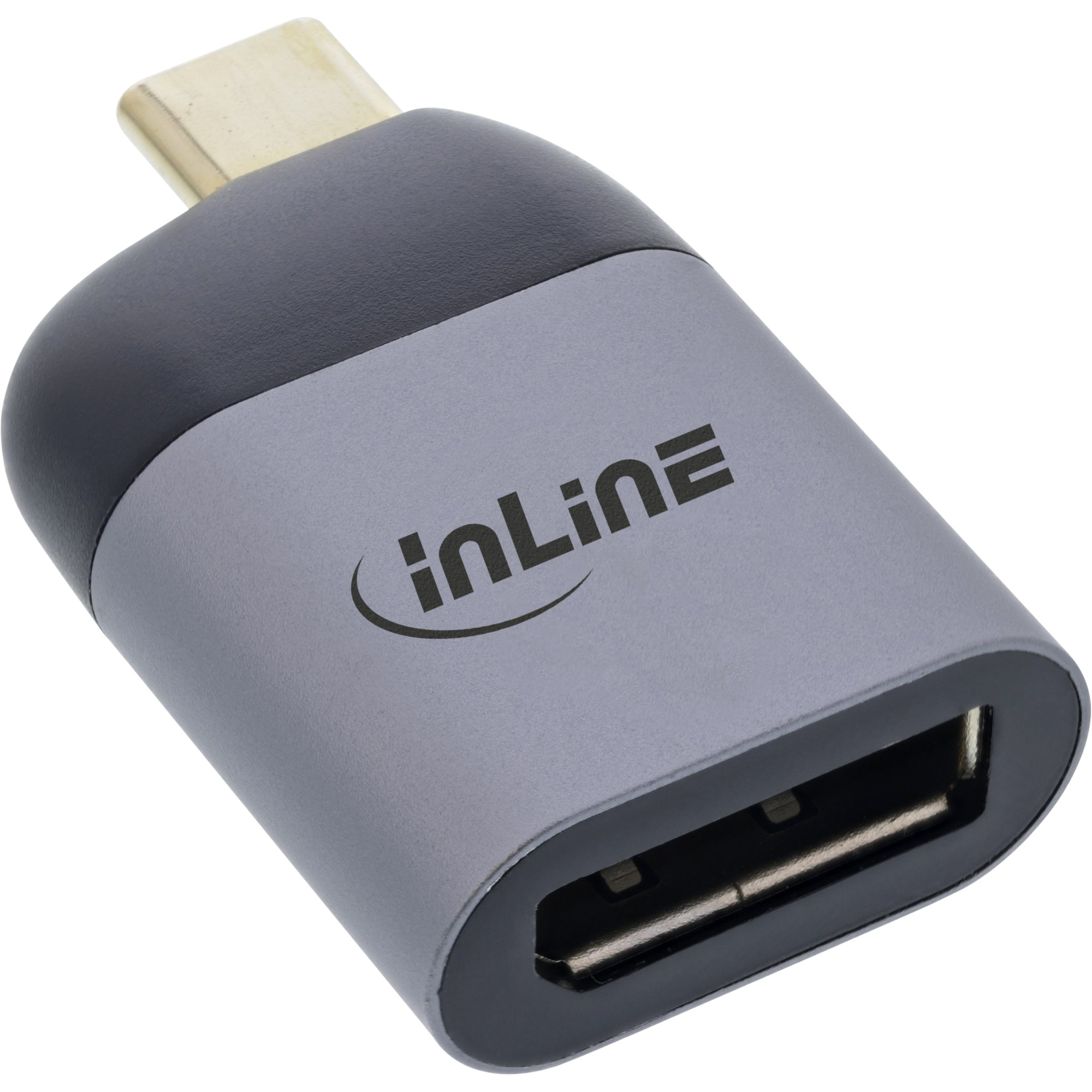 Un adattatore da USB-C a USB. Ha un corpo grigio con 'inLine' stampato sopra, una porta USB e un connettore USB-C dorato.