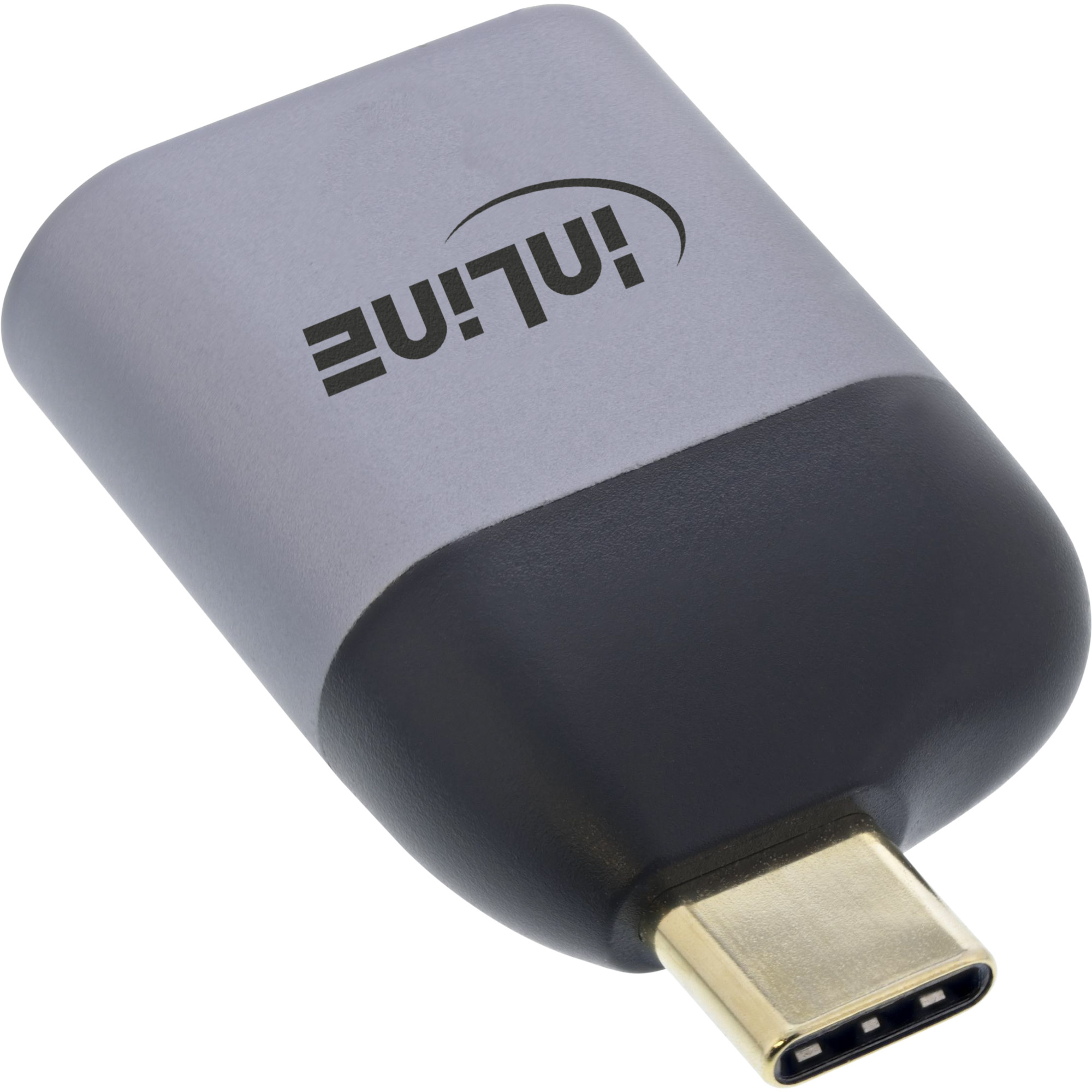 Un adattatore USB-C argento e nero con logo 'inLINE'. Il connettore è dorato.