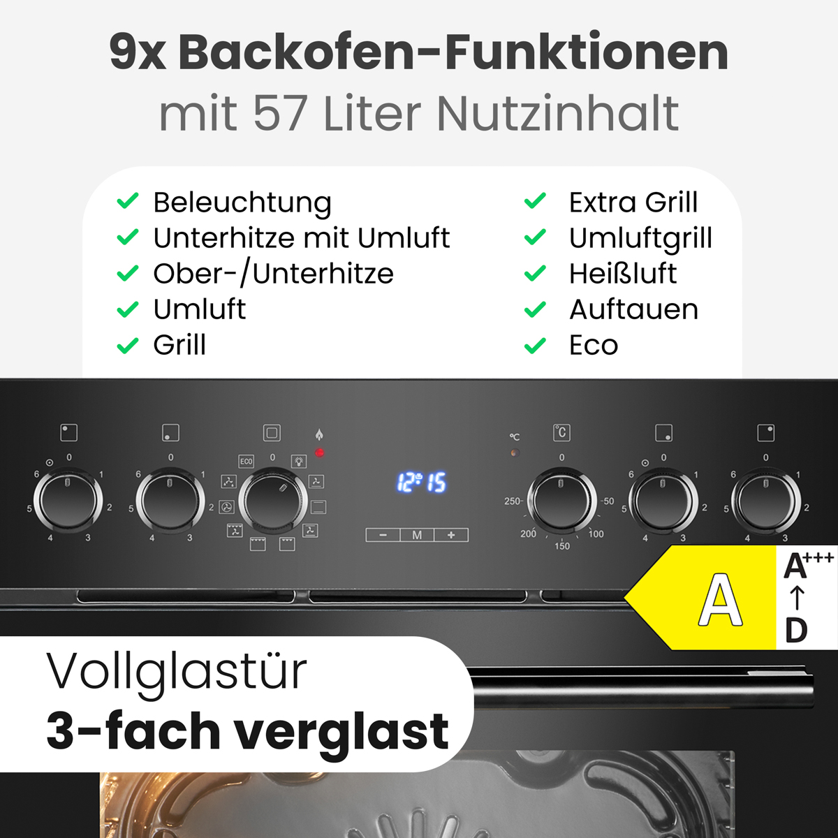 Ein Backofen mit mehreren Funktionen wird angezeigt, mit einer Digitaluhr, Bedienknöpfen und einem Energieeffizienzlabel.