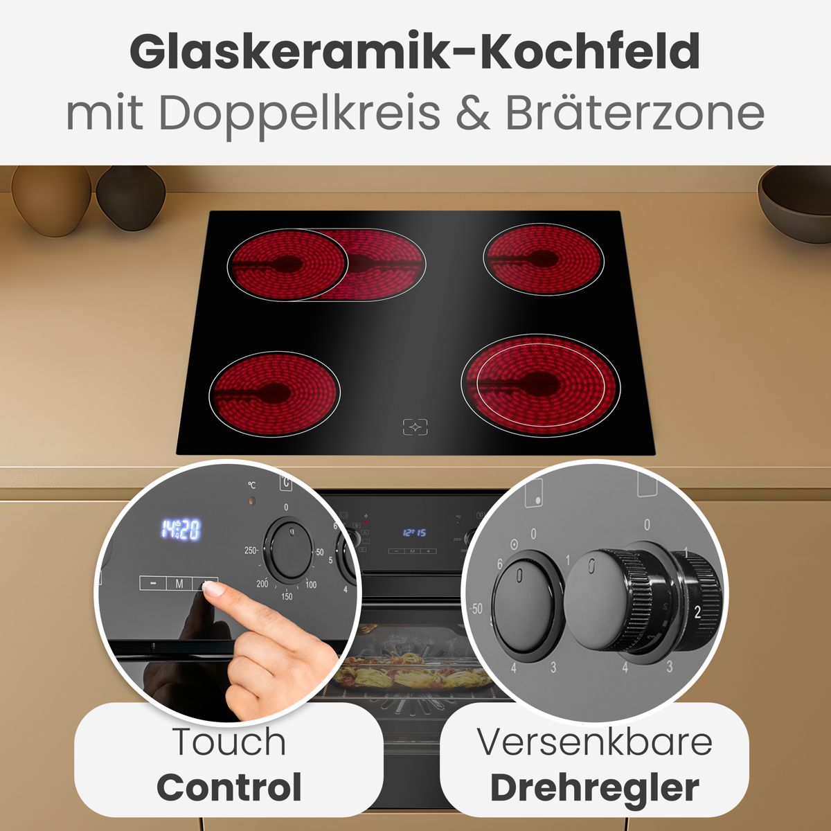 Schwarzes Glaskeramik-Kochfeld mit roten Kochfeldern. Touch-Control und versenkbare Knöpfe hervorgehoben. Text auf Deutsch.