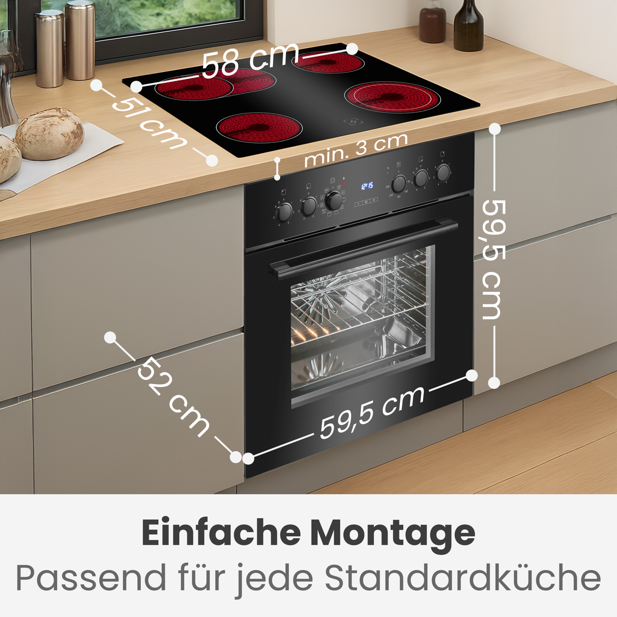 Ein schwarzer Ofen mit Glastür ist im Küchenschrank eingebaut. Auf der Arbeitsplatte befindet sich ein schwarzes Kochfeld. Abmessungen sind angegeben.