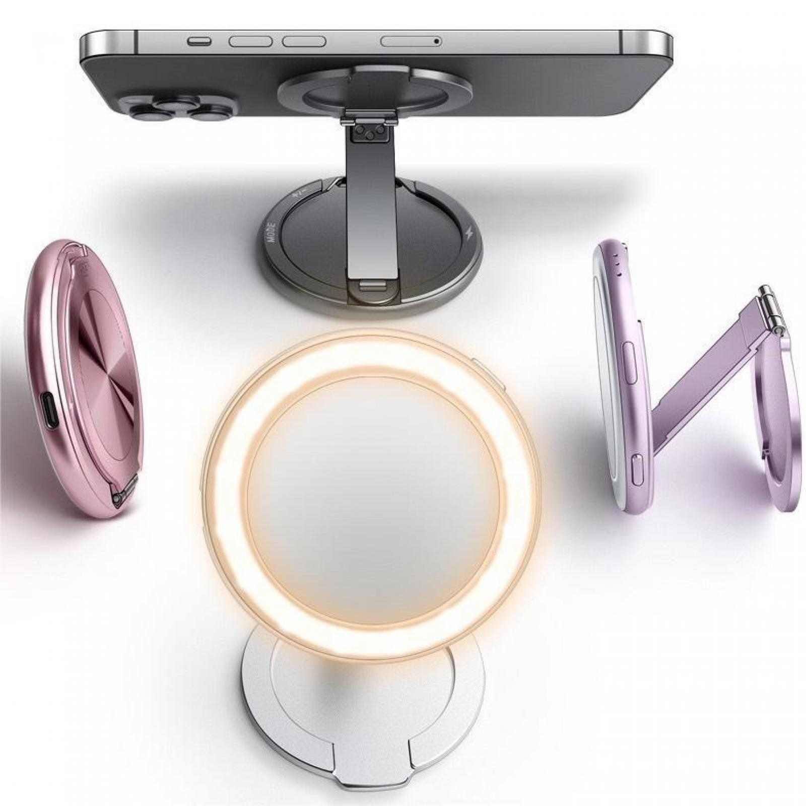 Mehrere Telefonzubehörteile angeordnet. Ein Telefon sitzt auf einem Ständer. Weitere Artikel sind ein Ringlicht, ein Telefonständer und ein Telefonring.