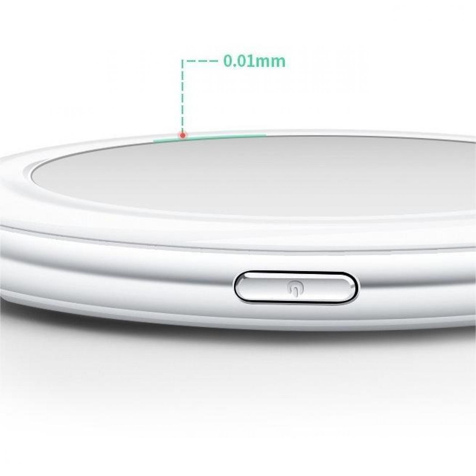 Nahaufnahme eines weißen Geräts mit einem Power-Button. Über dem Gerät steht "0,01 mm". Das Gerät hat eine gebogene Kante.