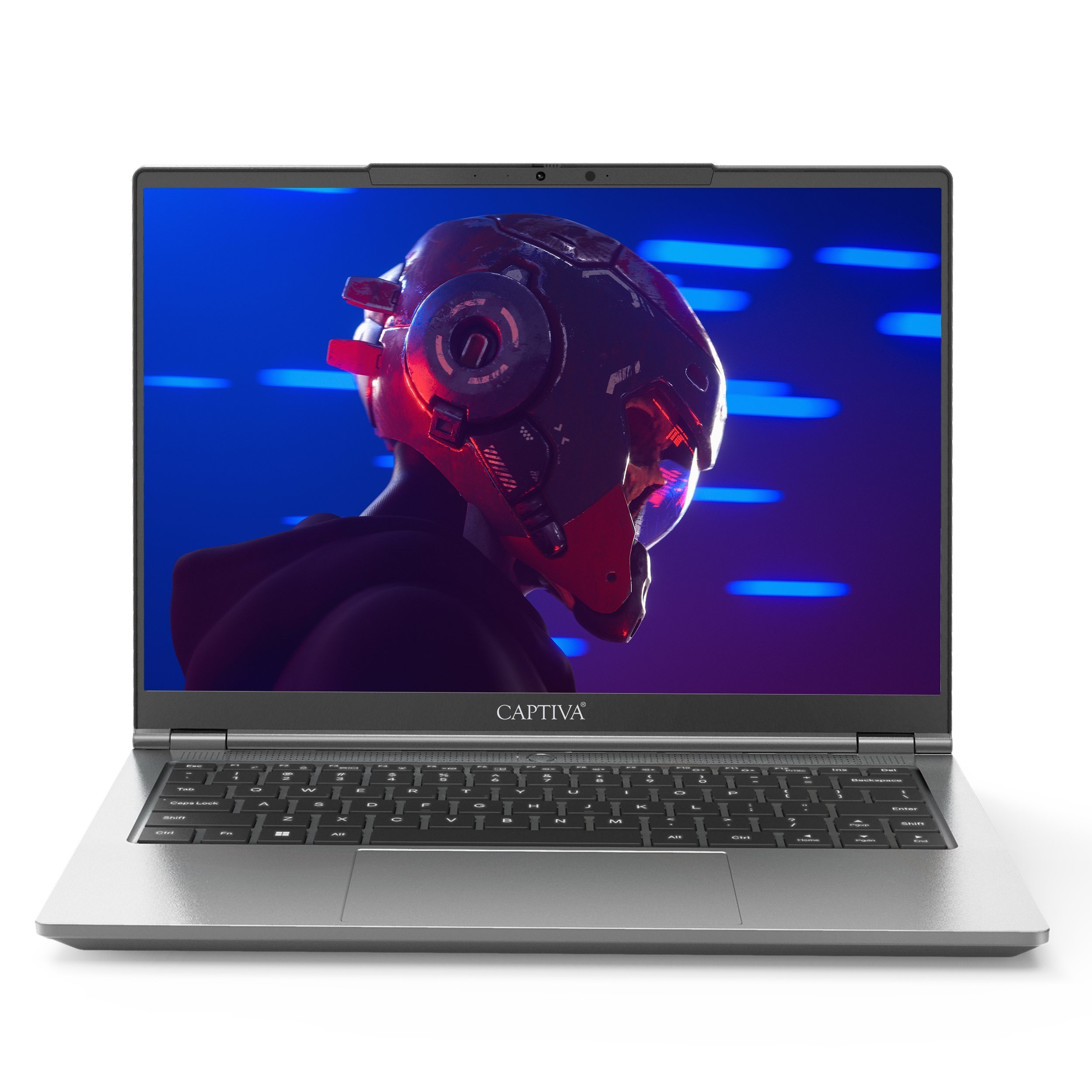 Ein Laptop zeigt einen futuristischen Helm mit rotem Visier vor blau-violettem Hintergrund. Der Laptop ist silbern.