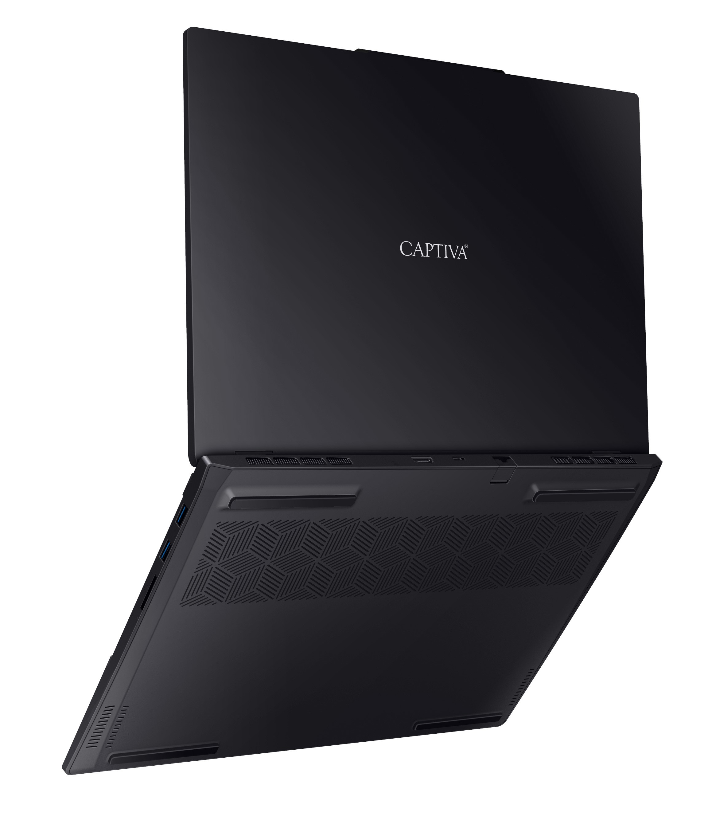 Ein schwarzer Laptop ist angewinkelt geöffnet. Das Wort 'CAPTIVA' ist auf dem Deckel sichtbar. Die Basis hat gemusterte Lüftungsschlitze.