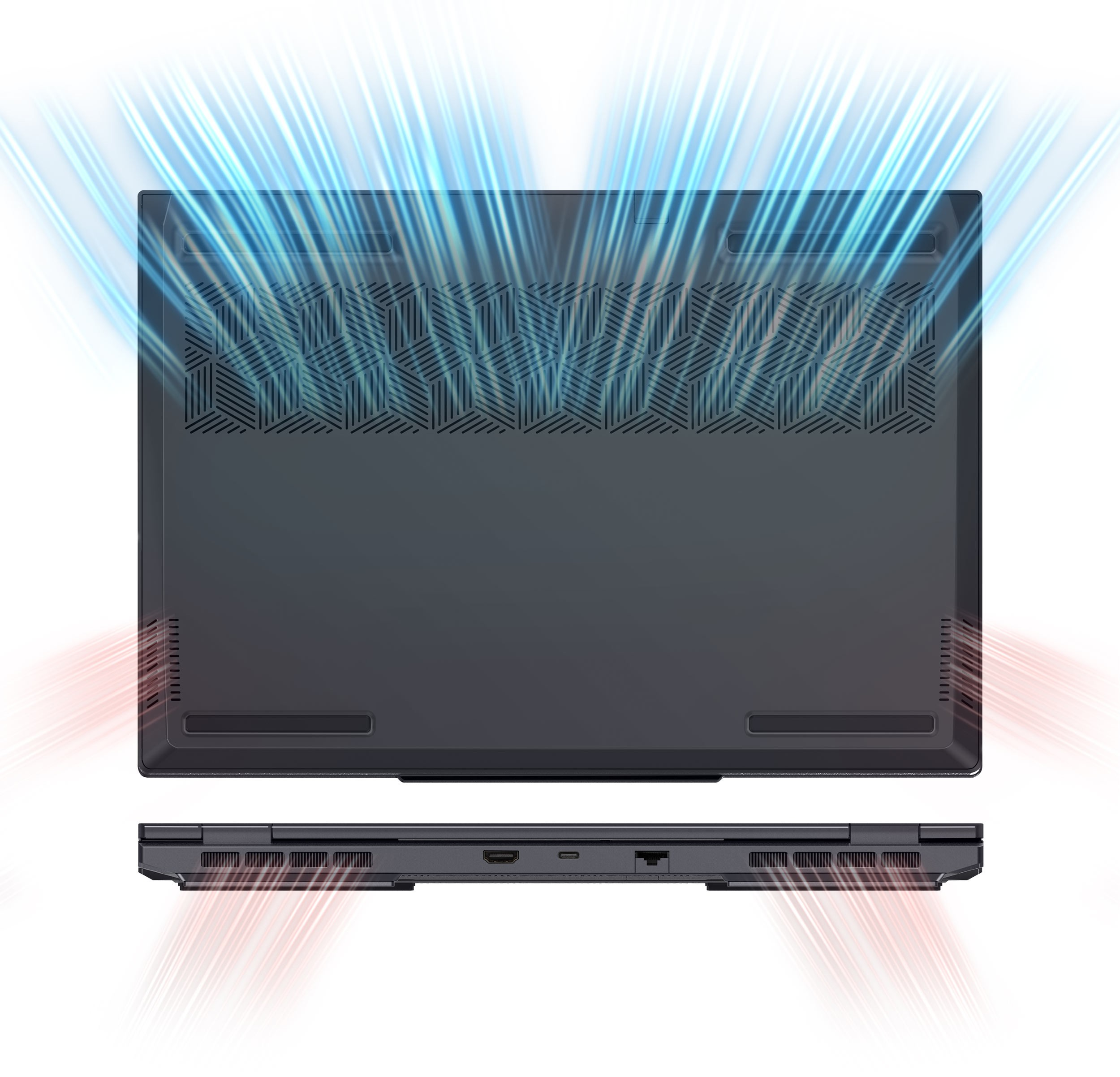 Ein schwarzer Laptop von oben und von der Seite. Es hat blaue und rote Lichtlinien, die von ihm ausgehen.