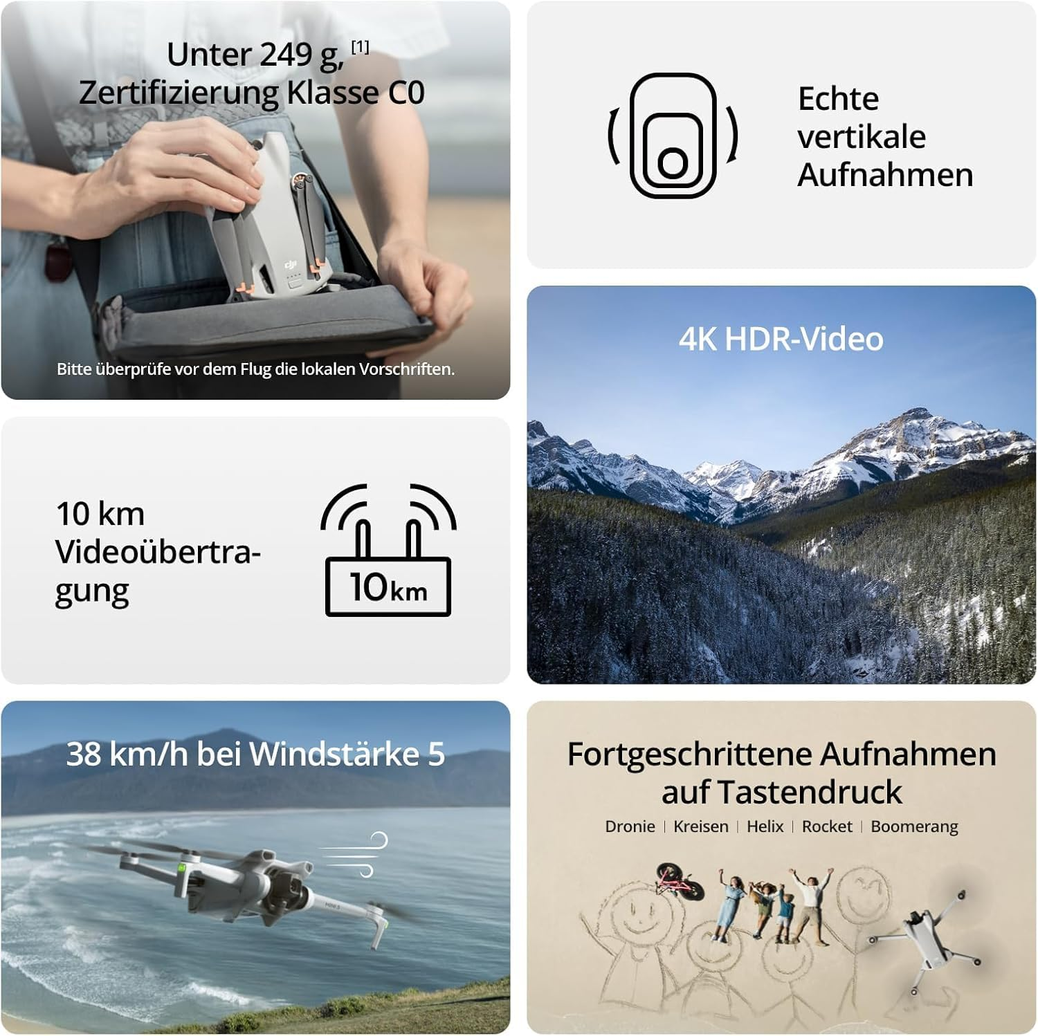 Das Bild zeigt Drohnenfunktionen: Gewicht unter 249g, 4K HDR-Video, 10km Videoübertragung, Geschwindigkeit 38km/h und erweiterte Aufnahmemodi.