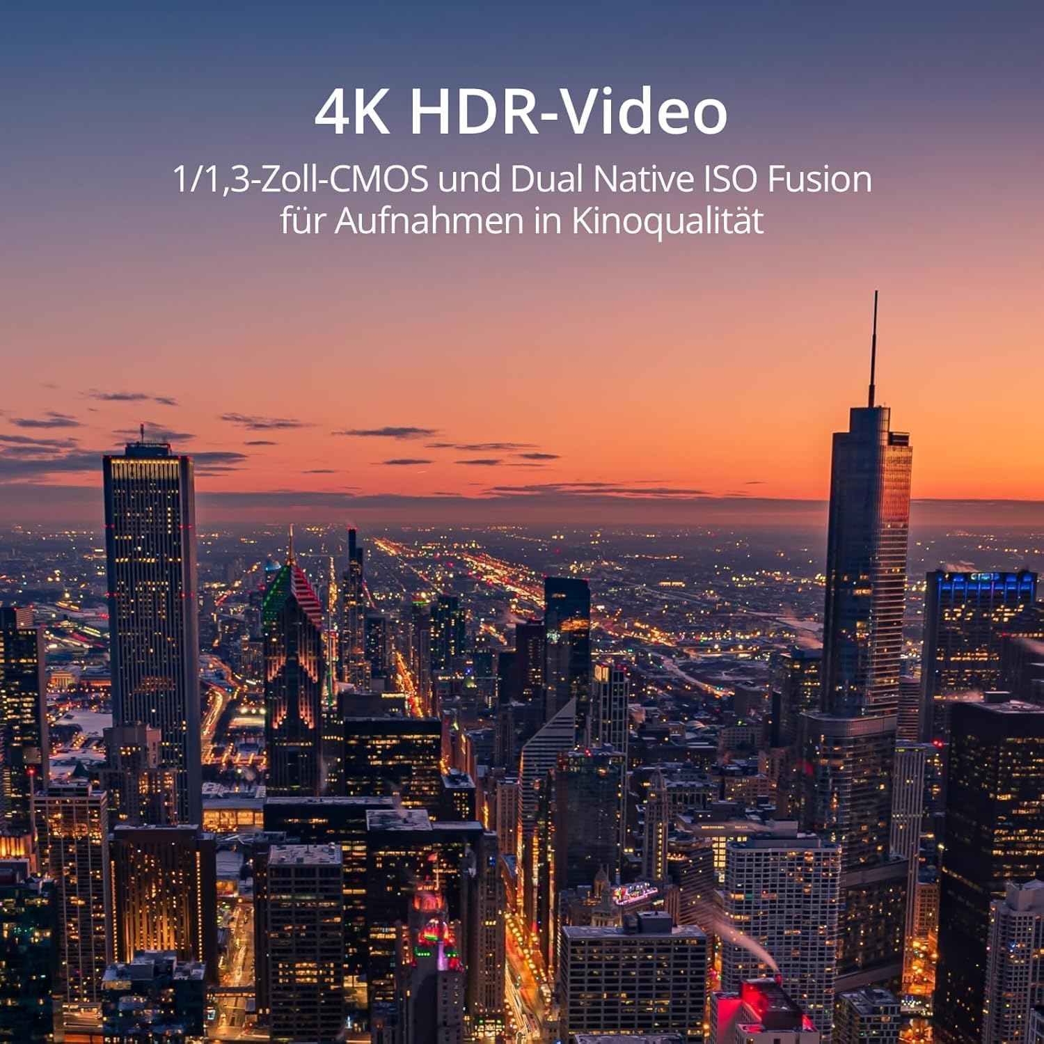 Stadtlandschaft in der Abenddämmerung mit hohen, beleuchteten Gebäuden. Der Himmel ist farbenfroh. Text überlagert '4K HDR Video'.