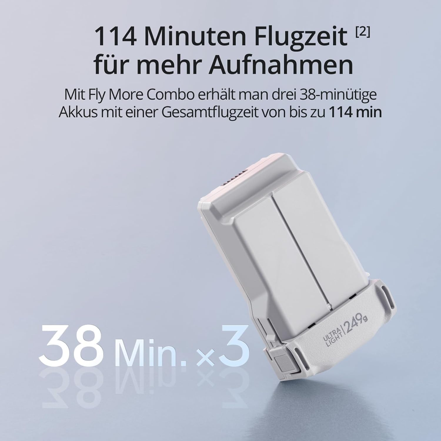 Ein weißer Drohnenakku mit Text über 114 Minuten Flugzeit und 38 Minuten Akkulaufzeit.