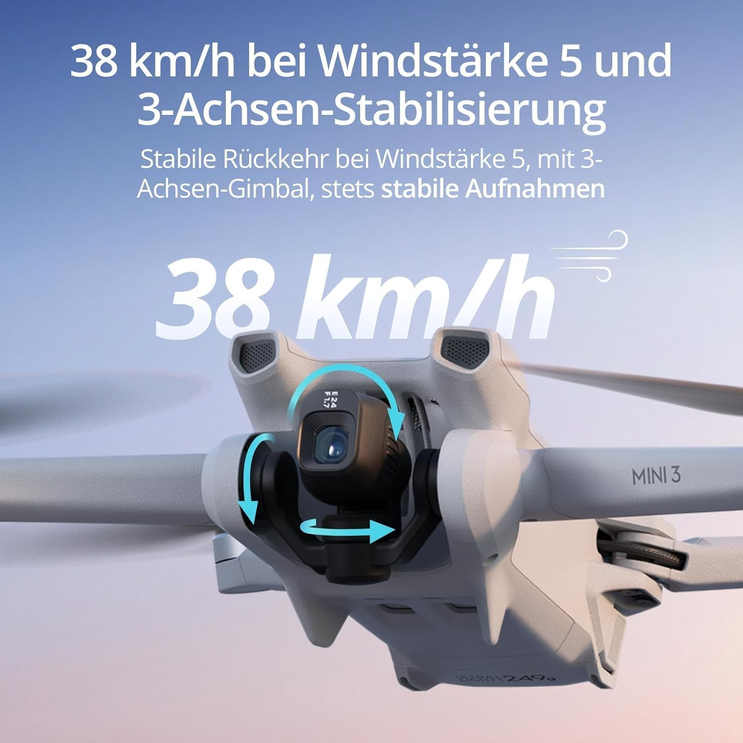 Eine Drohne zeigt Geschwindigkeits- und Stabilitätsmerkmale. Der Text umfasst 38 km/h, Windstärke und 3-Achsen-Stabilisierung.