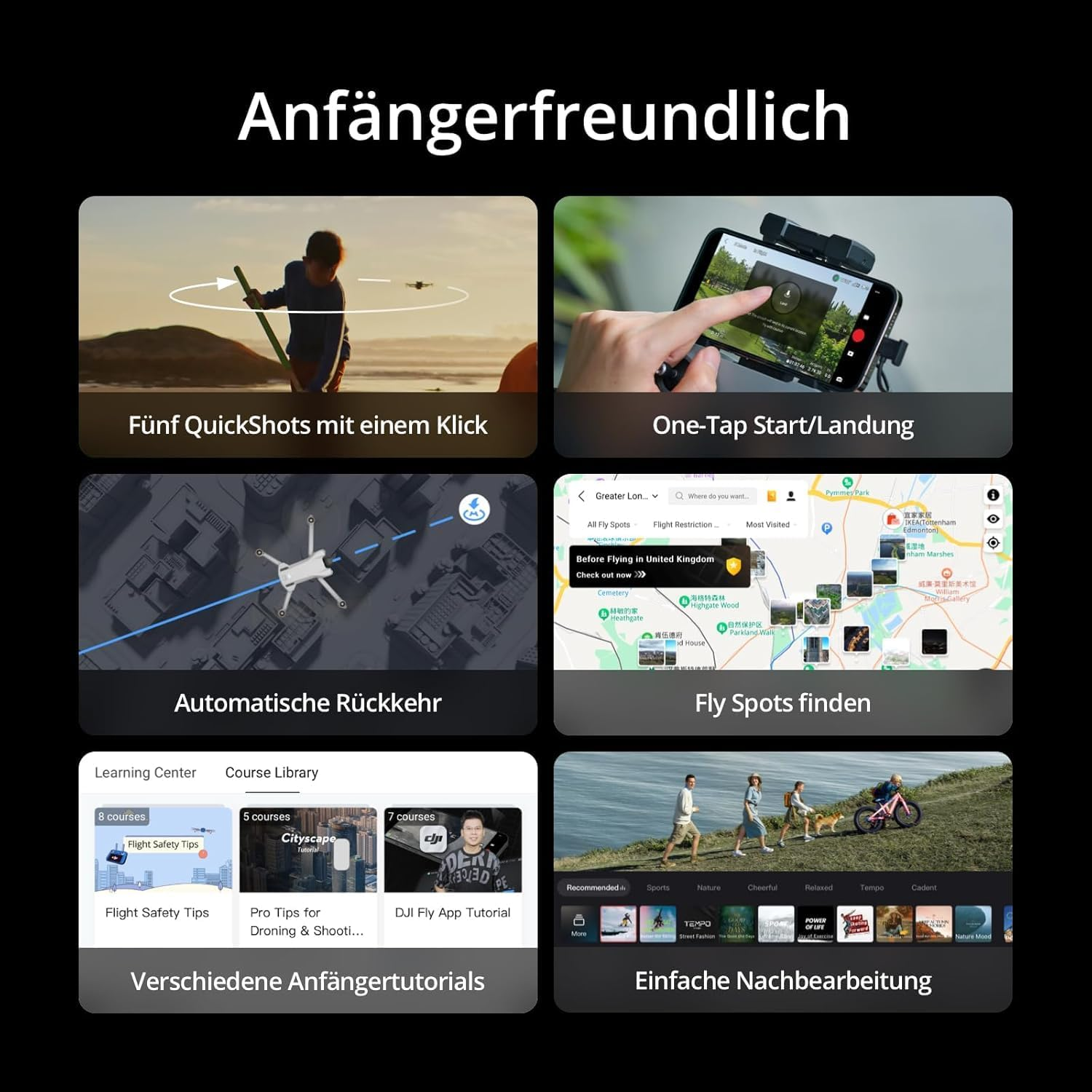 Das Bild zeigt App-Funktionen: QuickShots, One-Tap-Start, automatische Rückkehr, Tutorials, Flugplätze und einfache Bearbeitung. Personen sind ebenfalls sichtbar.
