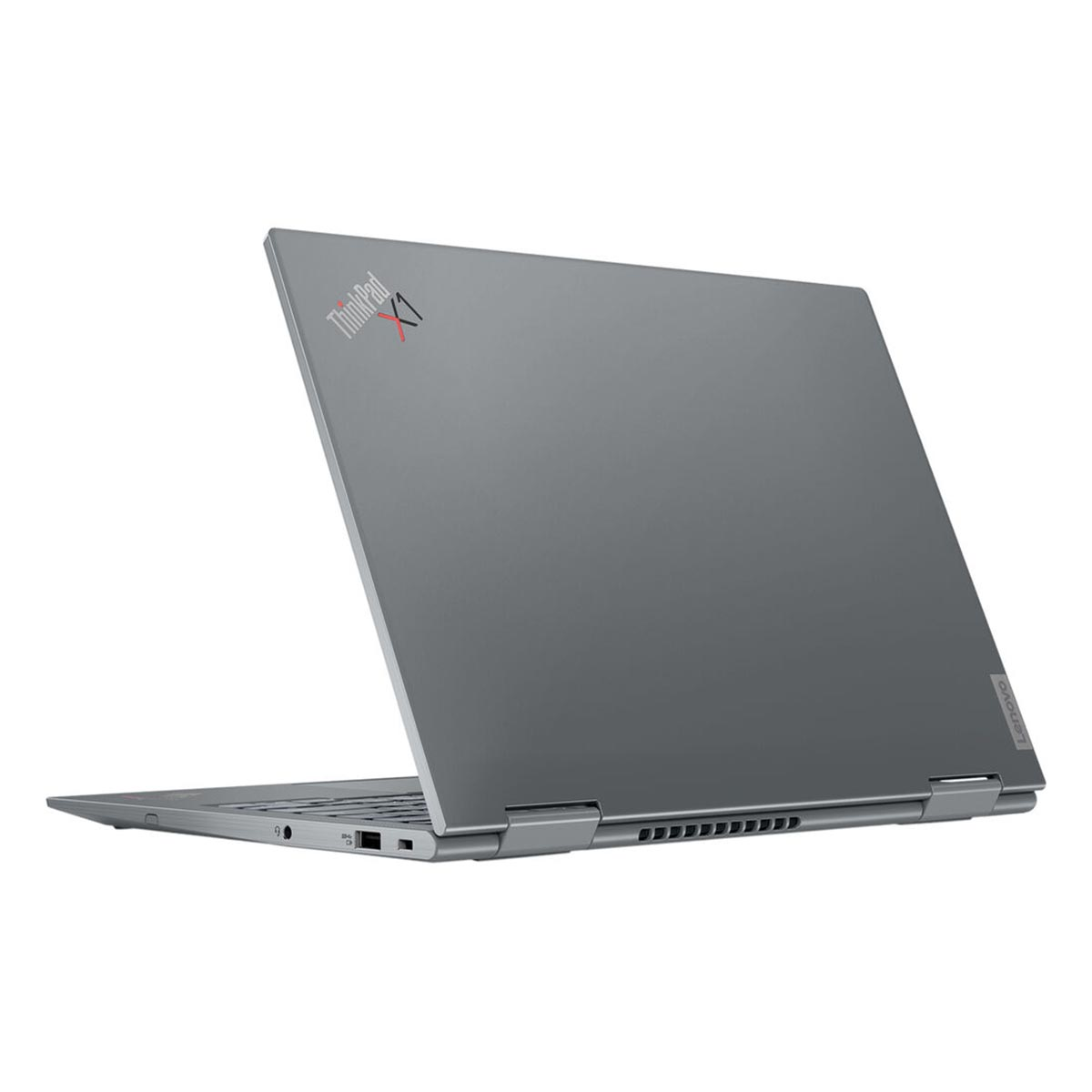 Szary laptop Lenovo ThinkPad X1 jest otwarty. Ekran jest odchylony do tyłu. Klawiatura jest widoczna, podobnie jak logo ThinkPad.