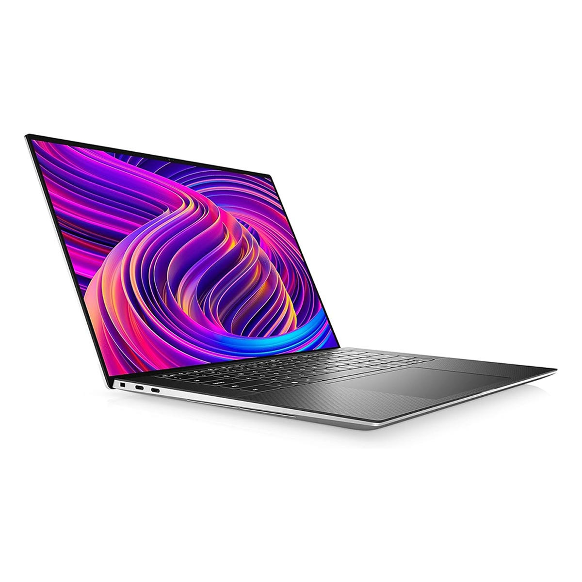 Ein silberner Laptop ist geöffnet und zeigt ein farbenfrohes, abstraktes Design auf dem Bildschirm. Der Hintergrund ist weiß.