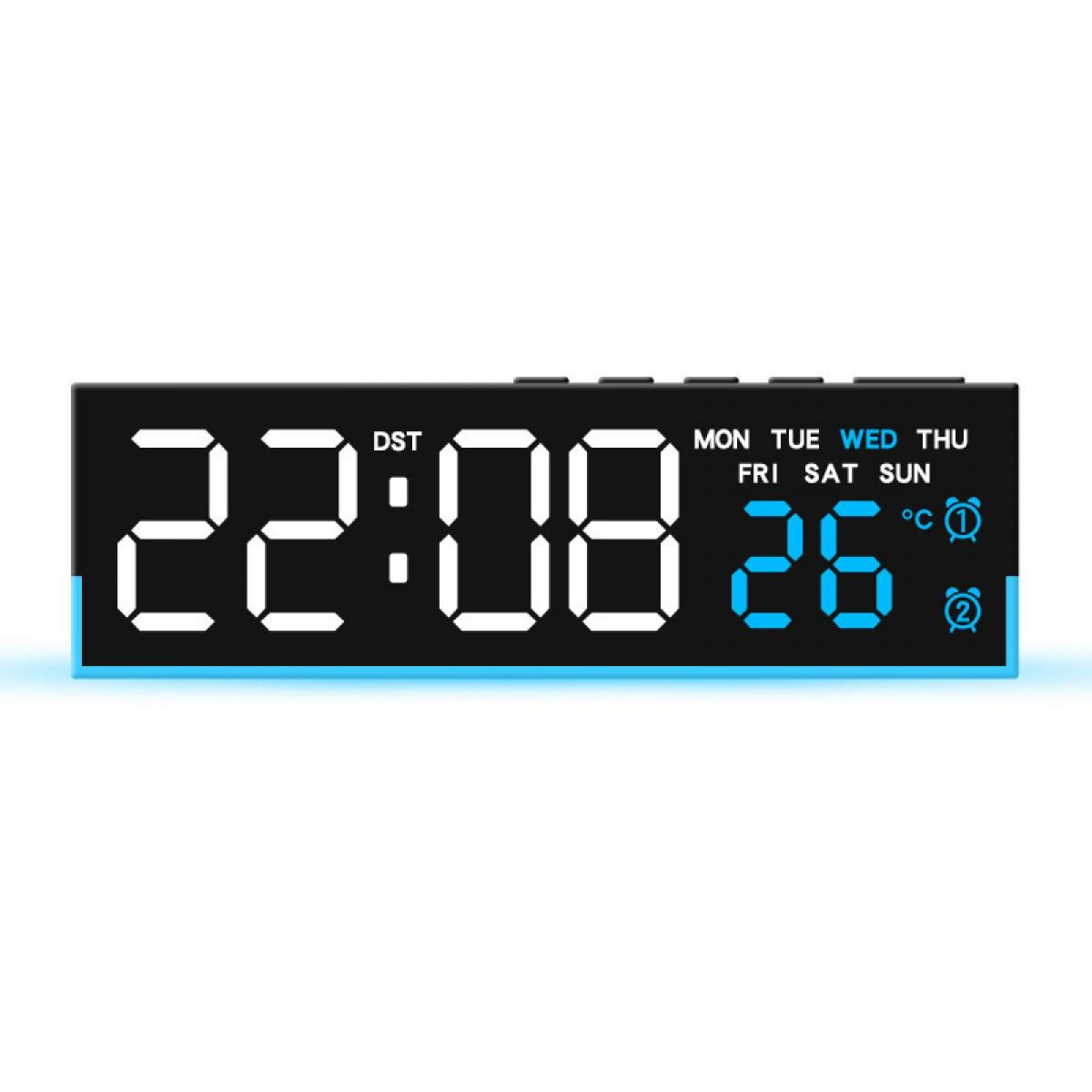 Digitaluhr mit Anzeige 22:08, Mittwoch, 26 Grad Celsius. Schwarzes Gehäuse mit weißen und blauen Ziffern.
