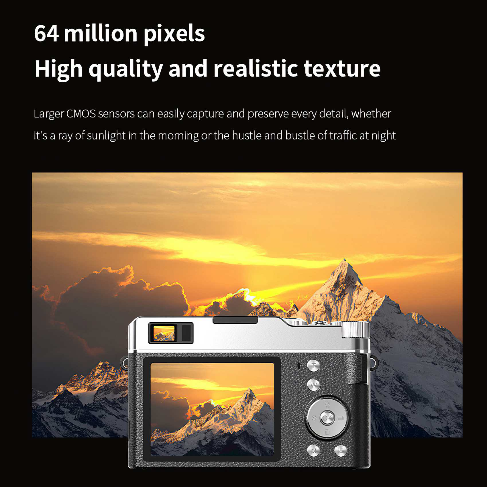 Eine Kamera zeigt eine Berglandschaft bei Sonnenuntergang. Oben wirbt Text mit hoher Qualität und realistischer Textur.