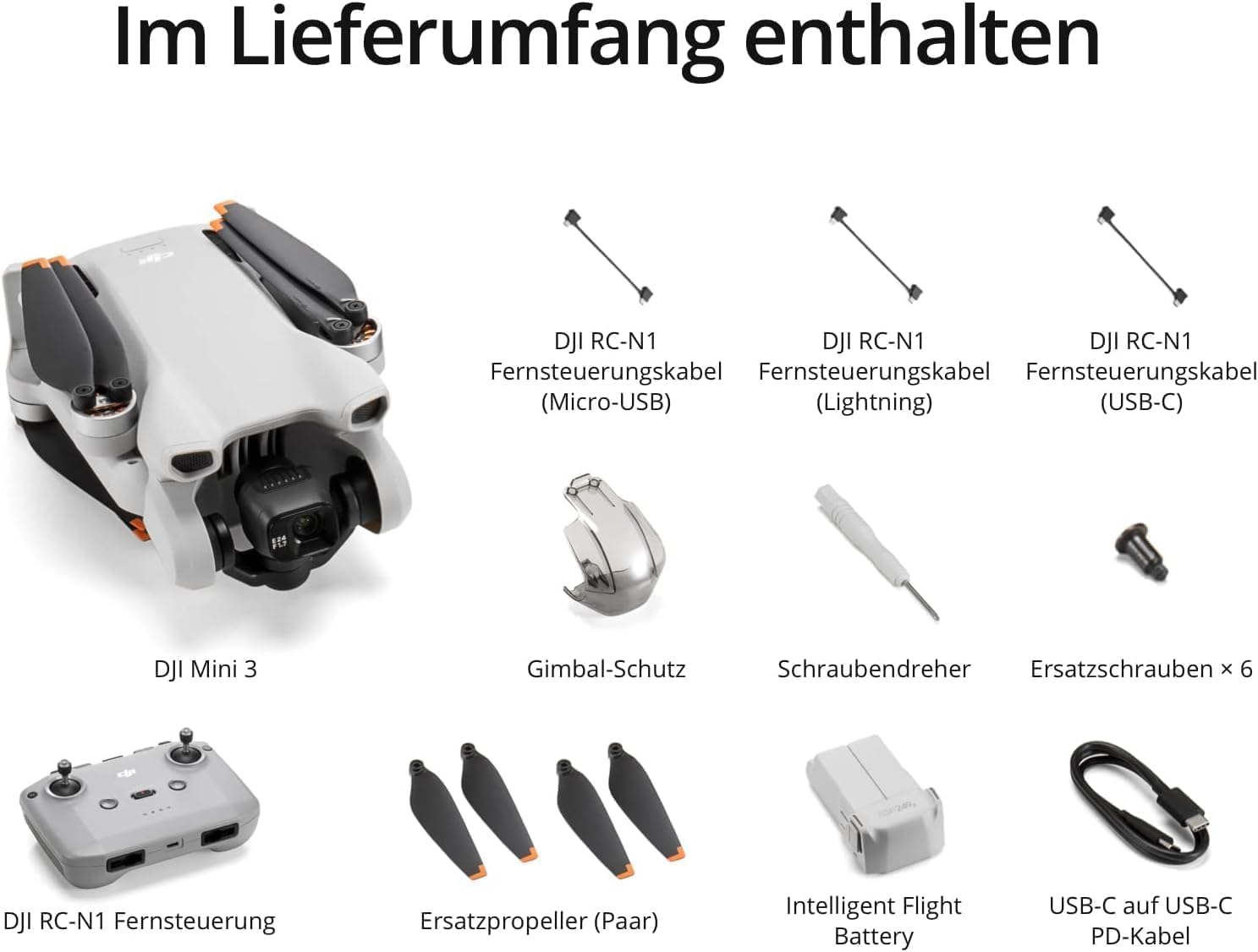 Das Bild zeigt eine DJI Mini 3 Drohne und Zubehör, einschließlich Kabel, Fernbedienung, Akku, Propeller und Schraubendreher.