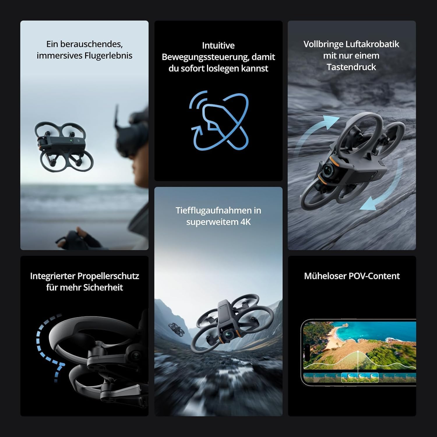 Eine Drohne im Flug. Text hebt Funktionen hervor: immersives Flugerlebnis, intuitive Steuerung, Luftakrobatik, Propellerschutz und 4K-Aufnahme.