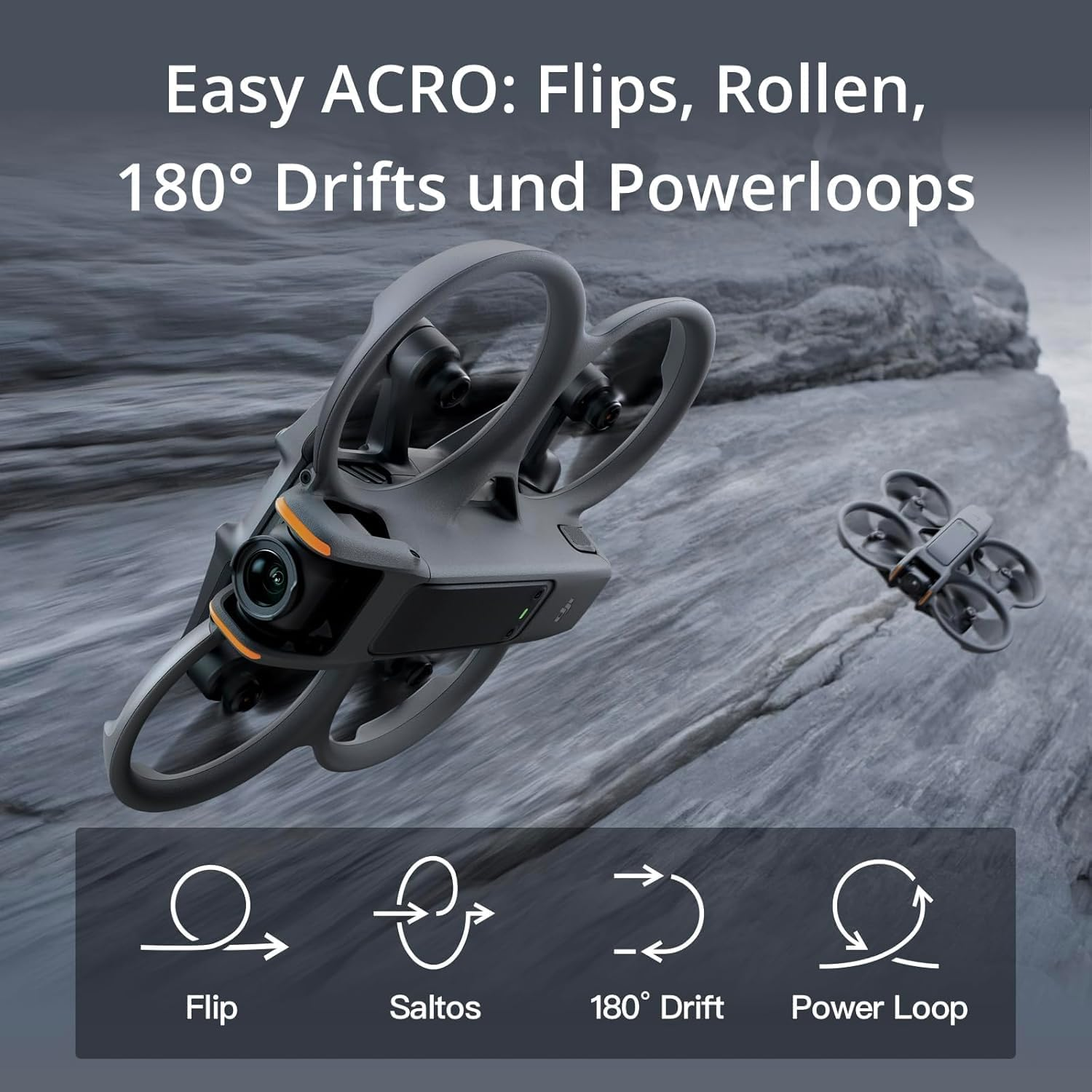 Eine Drohne in der Luft, mit Text zu Flips, Rollen und Drifts. Symbole zeigen Manöver: Flip, Saltos, 180° Drift und Power Loop.