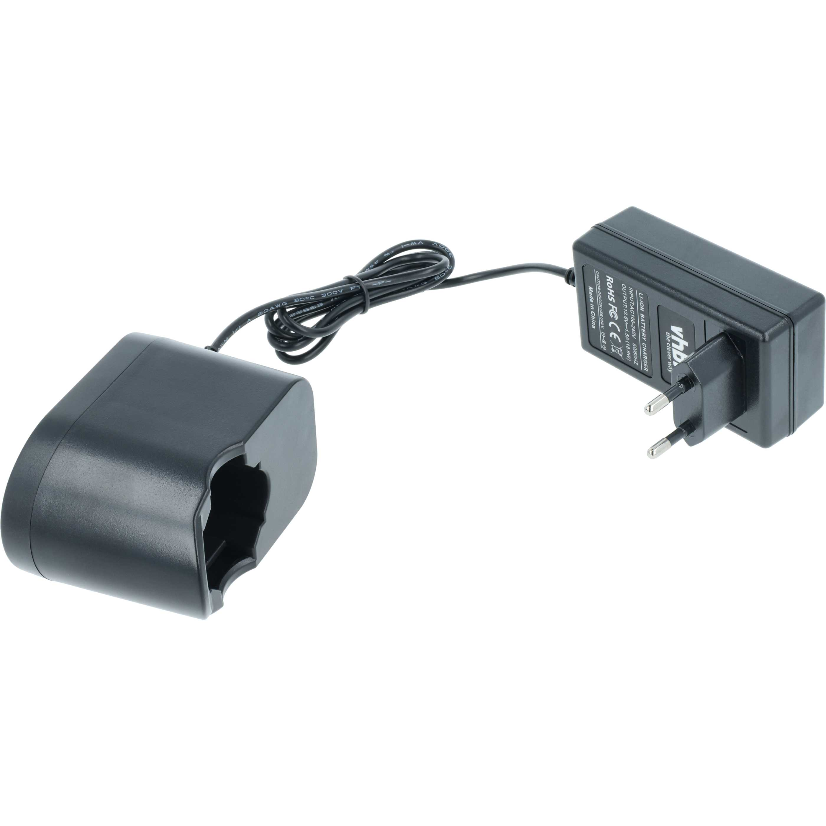 Schwarzes Batterieladegerät mit Netzteil, schwarzem Kabel und Ladestation auf weißem Hintergrund.