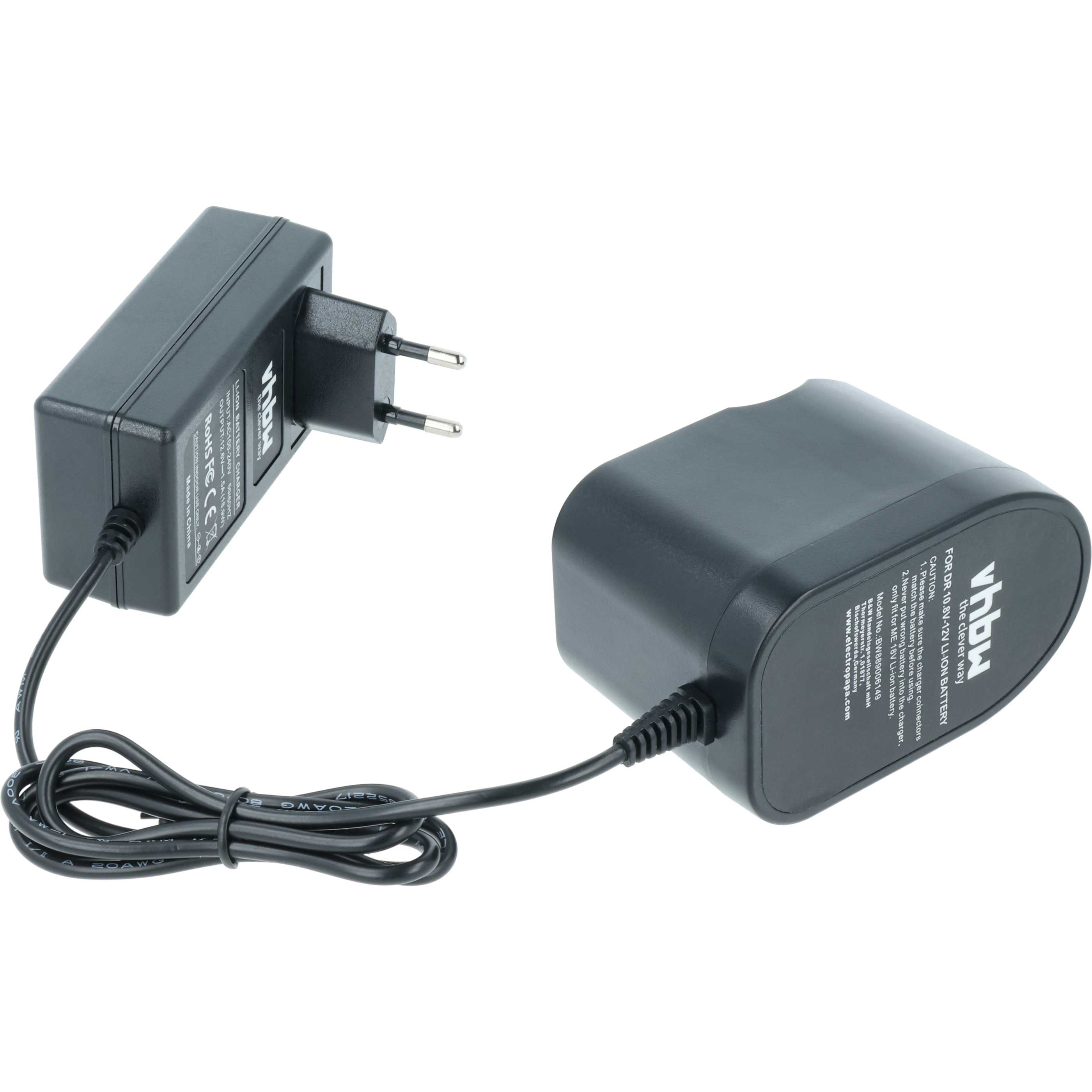 Schwarzes Ladegerät mit Stecker und Akku. Das Ladegerät ist über ein schwarzes Kabel mit dem Akku verbunden.
