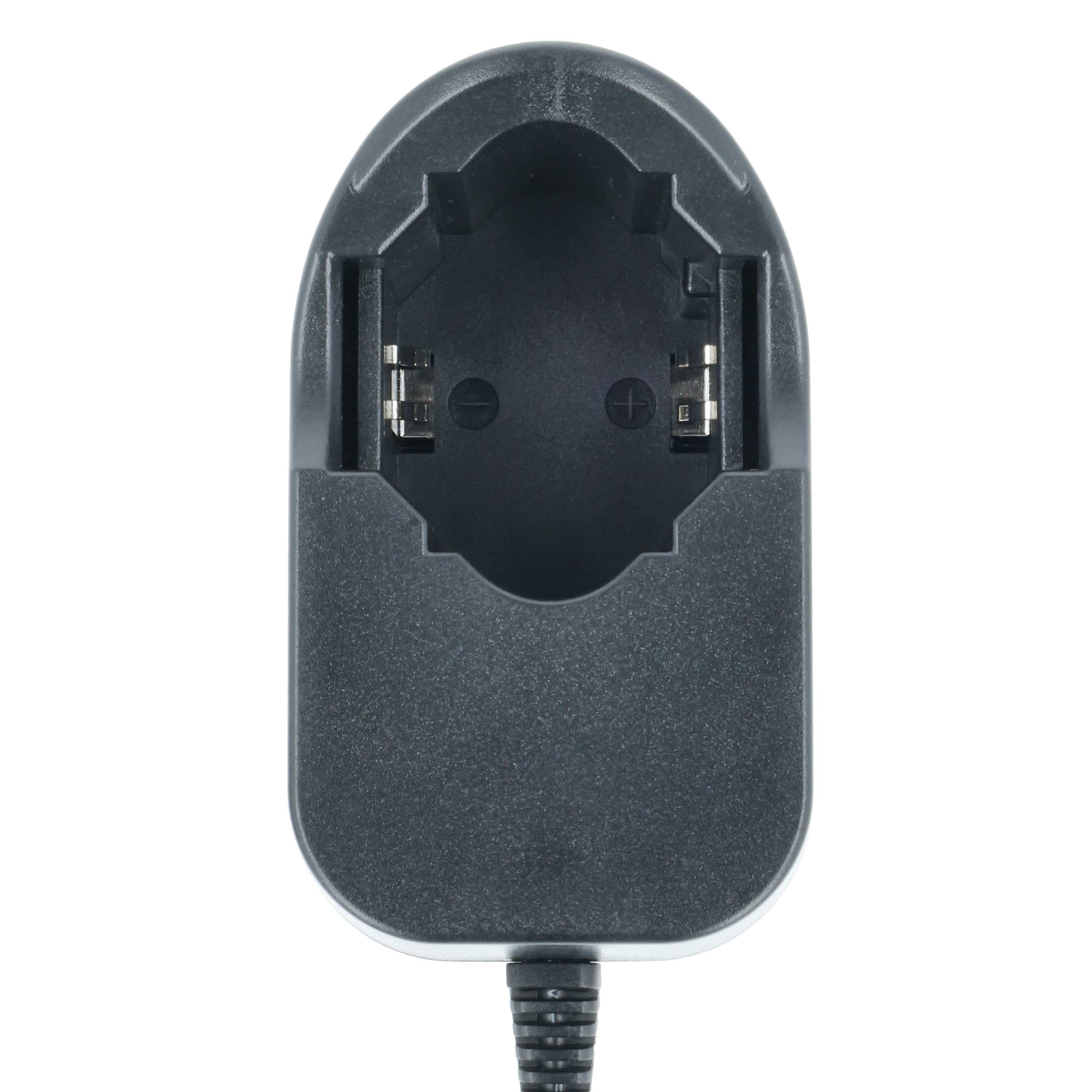 Ein schwarzes Batterieladegerät mit Netzkabel. Die Oberseite hat zwei Schlitze mit Metallkontakten. Der Hintergrund ist weiß.