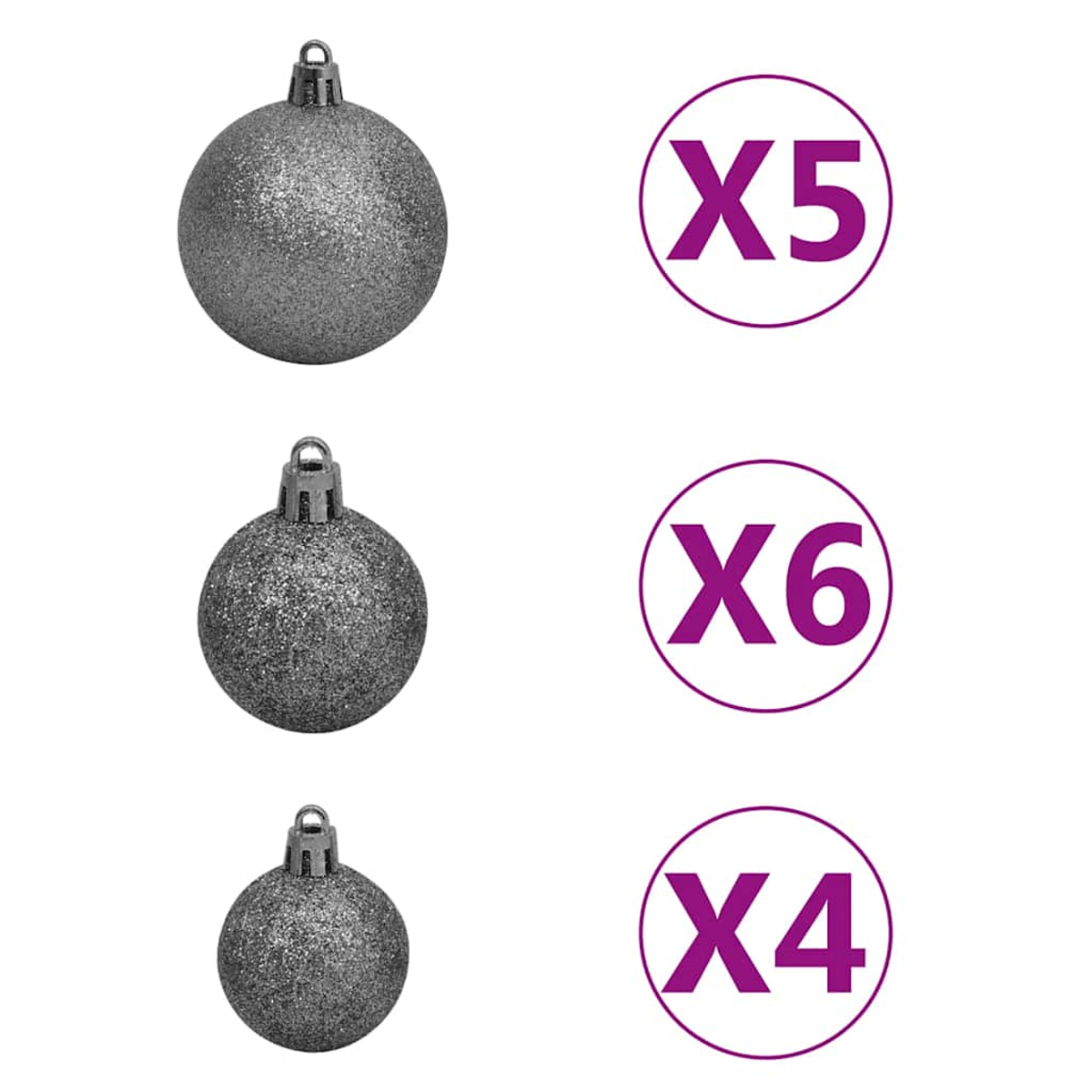 Drei silberne Weihnachtskugeln mit Metallkappen. Neben jeder Kugel befinden sich Kreise mit Zahlen: X5, X6 und X4.